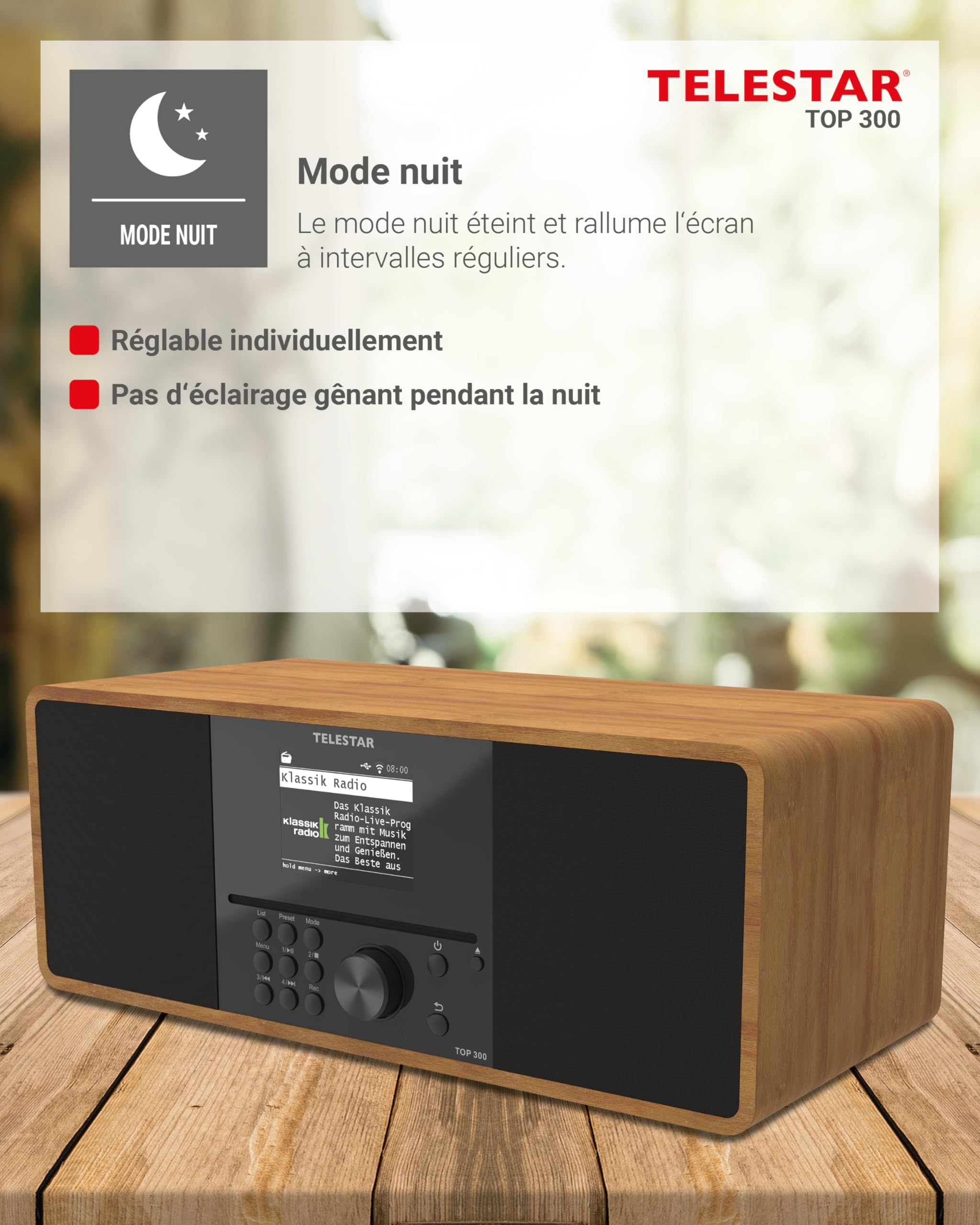 TELESTAR Top 300 – Radio Dab+/Internet avec Lecteur CD (stéréo, 2 × 15 W, Services de Streaming, Bluetooth Audio-Streaming & Fonction d’Envoi, Enregistrement USB, système d’Alerte d’Urgence) – Bois