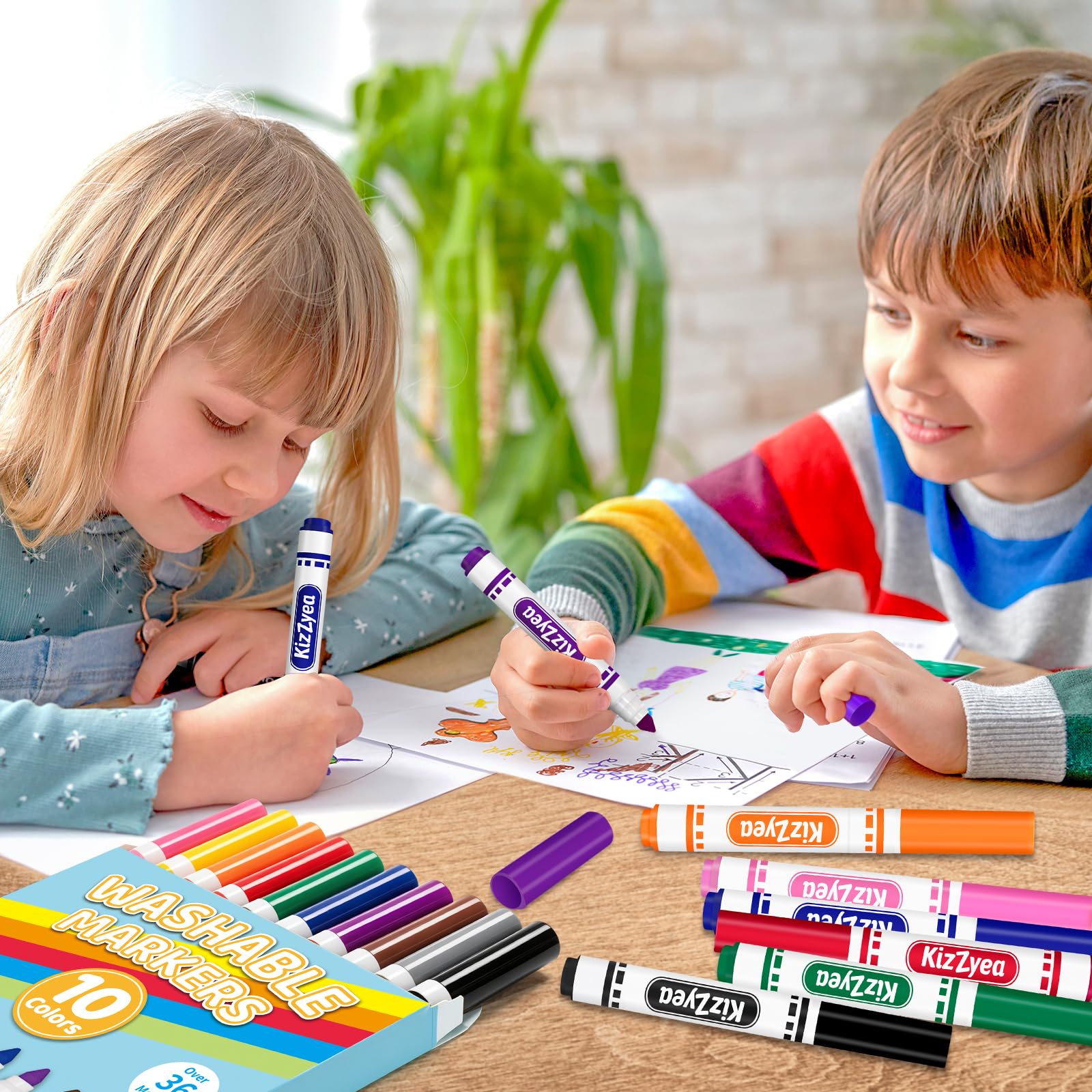 Abwaschbare Marker für Kinder, 10 verschiedene Farben, 24 Schachteln, 240 Stück | 24 Boxen, waschbare Malmarker, Künstlerbedarf, Klassenzimmer-Gruppenaktivitäten, Schulanfang, breit und fein
