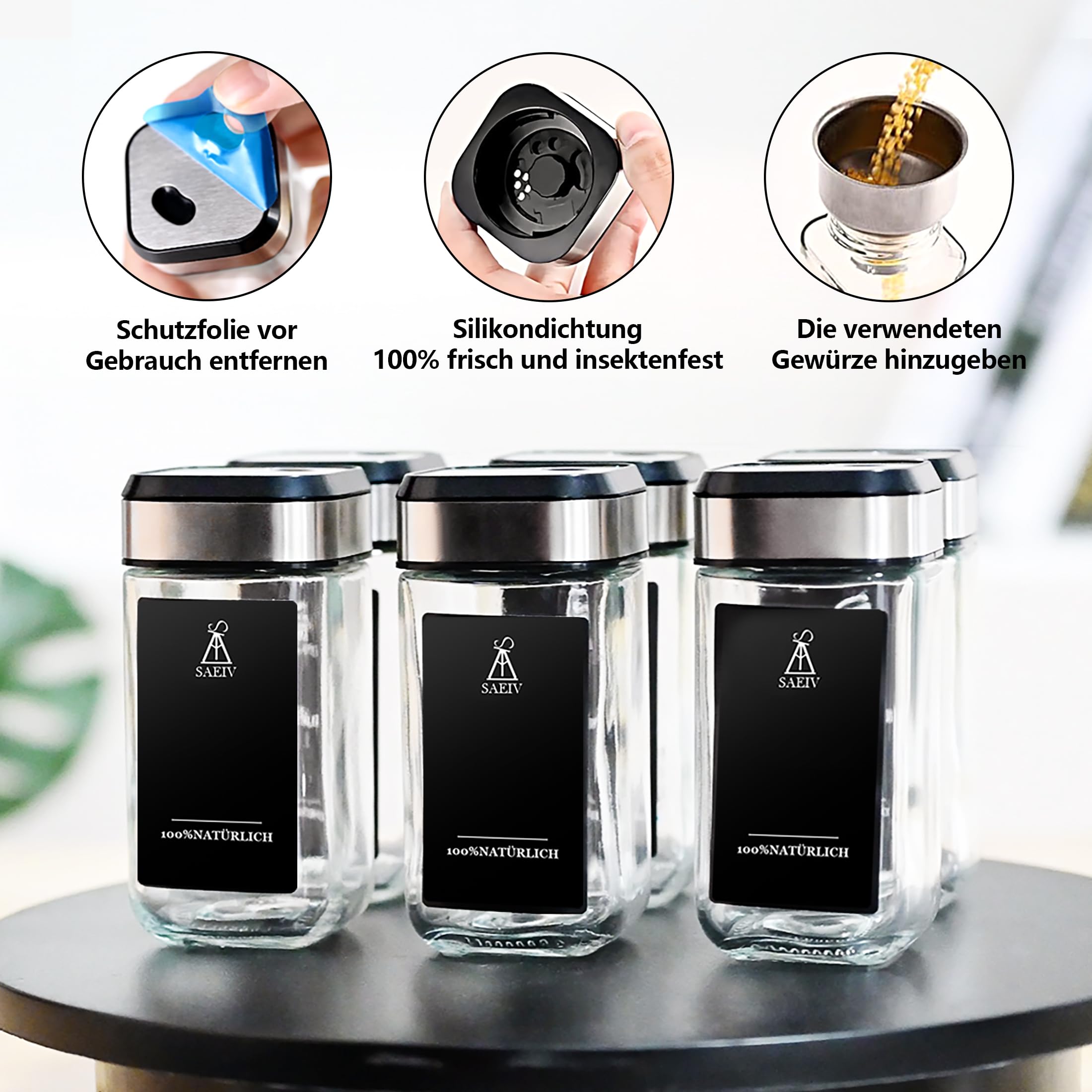 360° Rotation Gewürzgläser Eckig Set | Drei Kaliber, frei einstellbar | 12 Gewürzdosen Mit Gewürzetiketten | Perfekte Organisation Küche Gewürz Organizer | 120ml Gewürzbehälter Glas