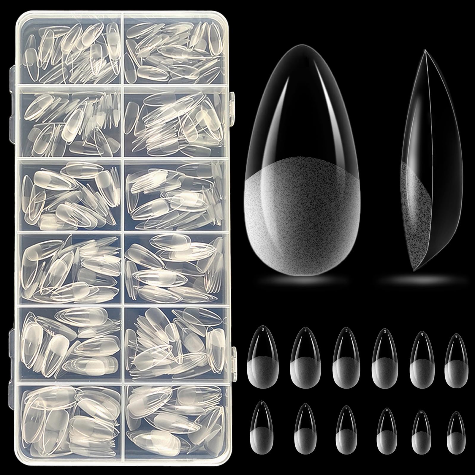 12 Sizes 504 Pcs Acrylic Nail Tips: Teardrop Almond Shape Poly Gel Nail Kit - Full Cover Nail Tips - Natural Curve Shape - DIY Nails & Salon Use