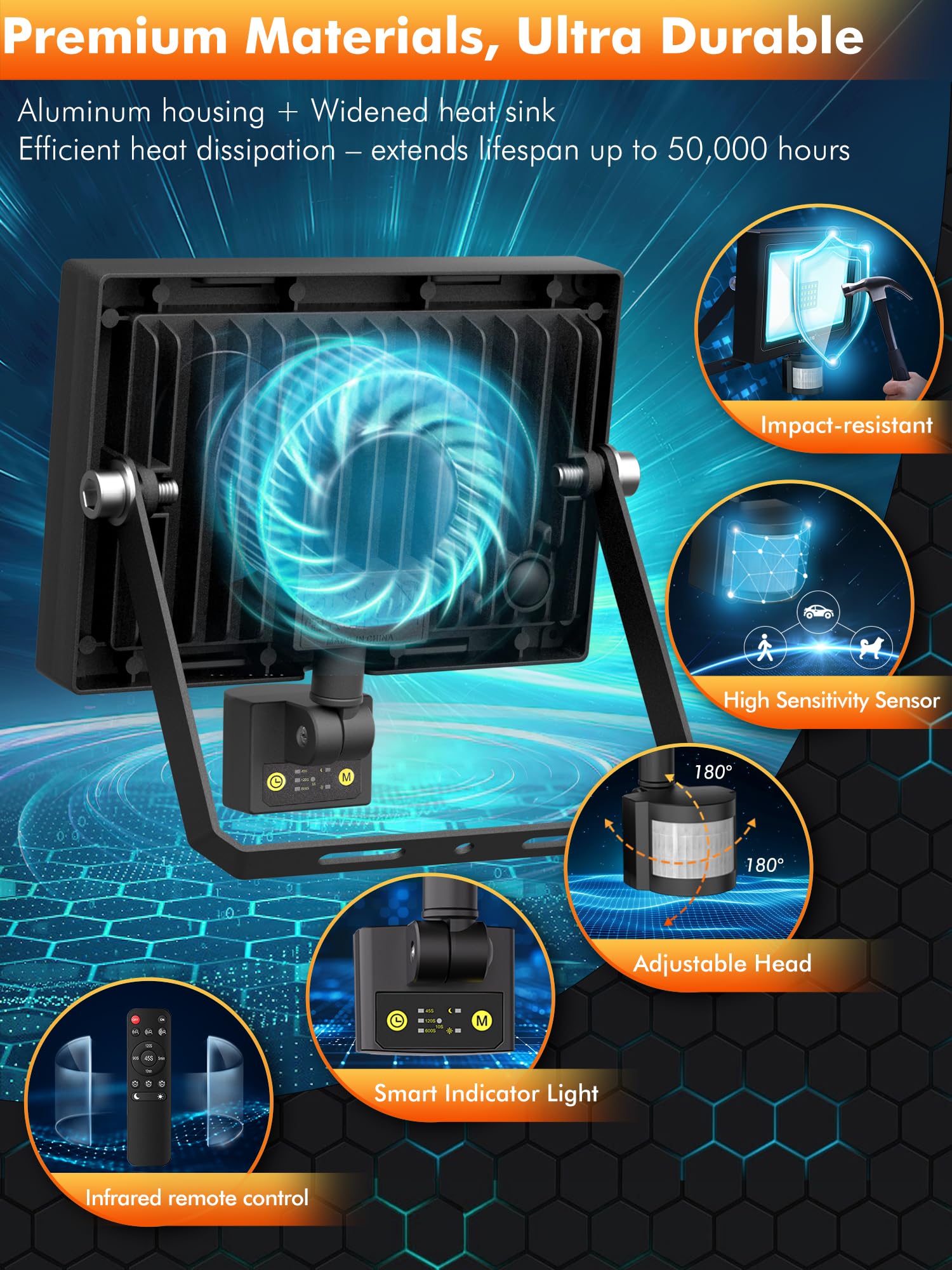 MEIKEE 60W Foco Led con Sensor de Movimiento, IP66 Impermeable Foco Proyector LED Exterior 5640LM 6500K Blanco Frío Luz de Seguridad con Mando a Distancia 4 Modos para Jardín, Patio, Entrada, Garaje