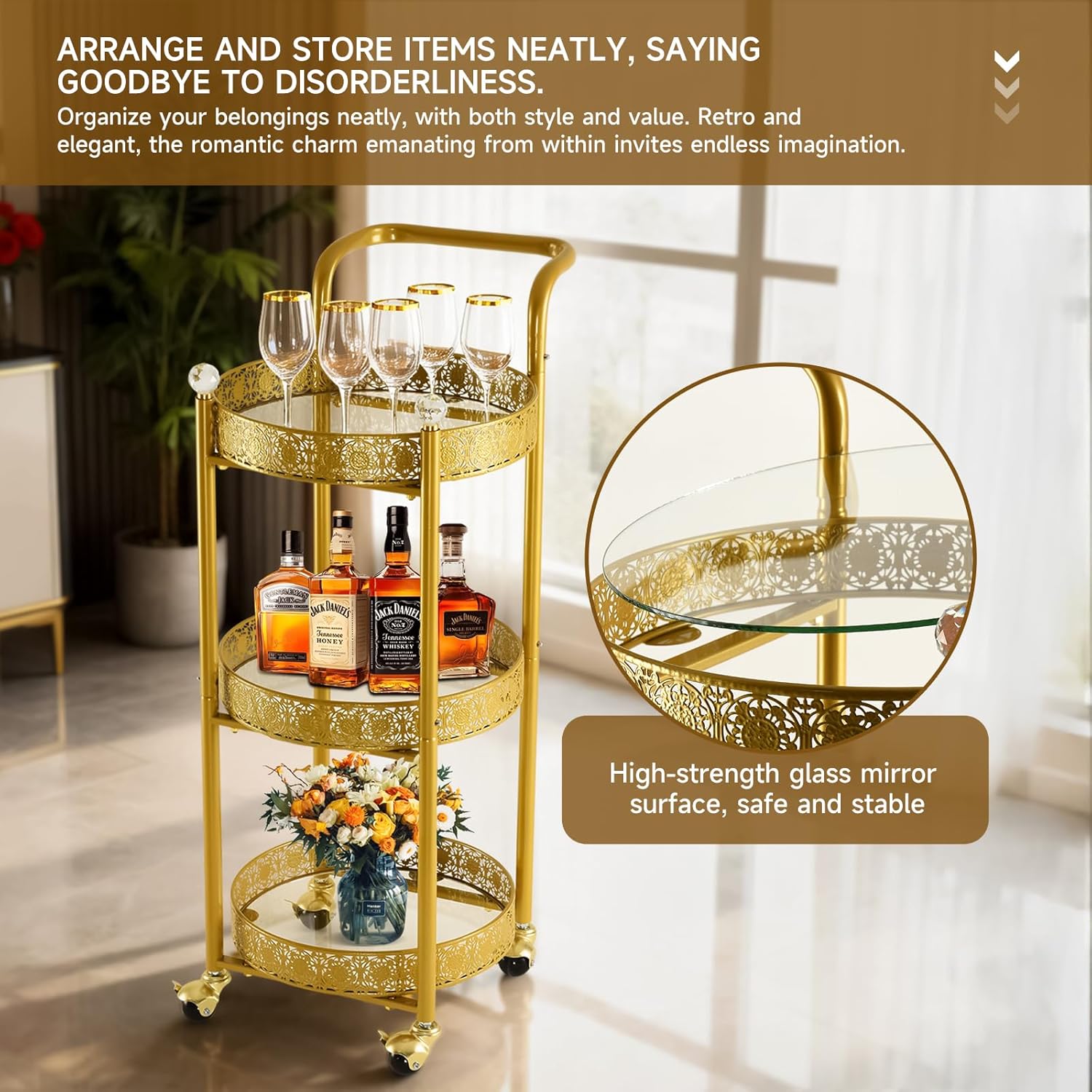 Multi-Functional Mobile Trolley Golden bar cart is Suitable for Home bar Service, Featuring a Rolling bar cart with Lockable casters, a Glass bar cart with 3 Mirror Holders