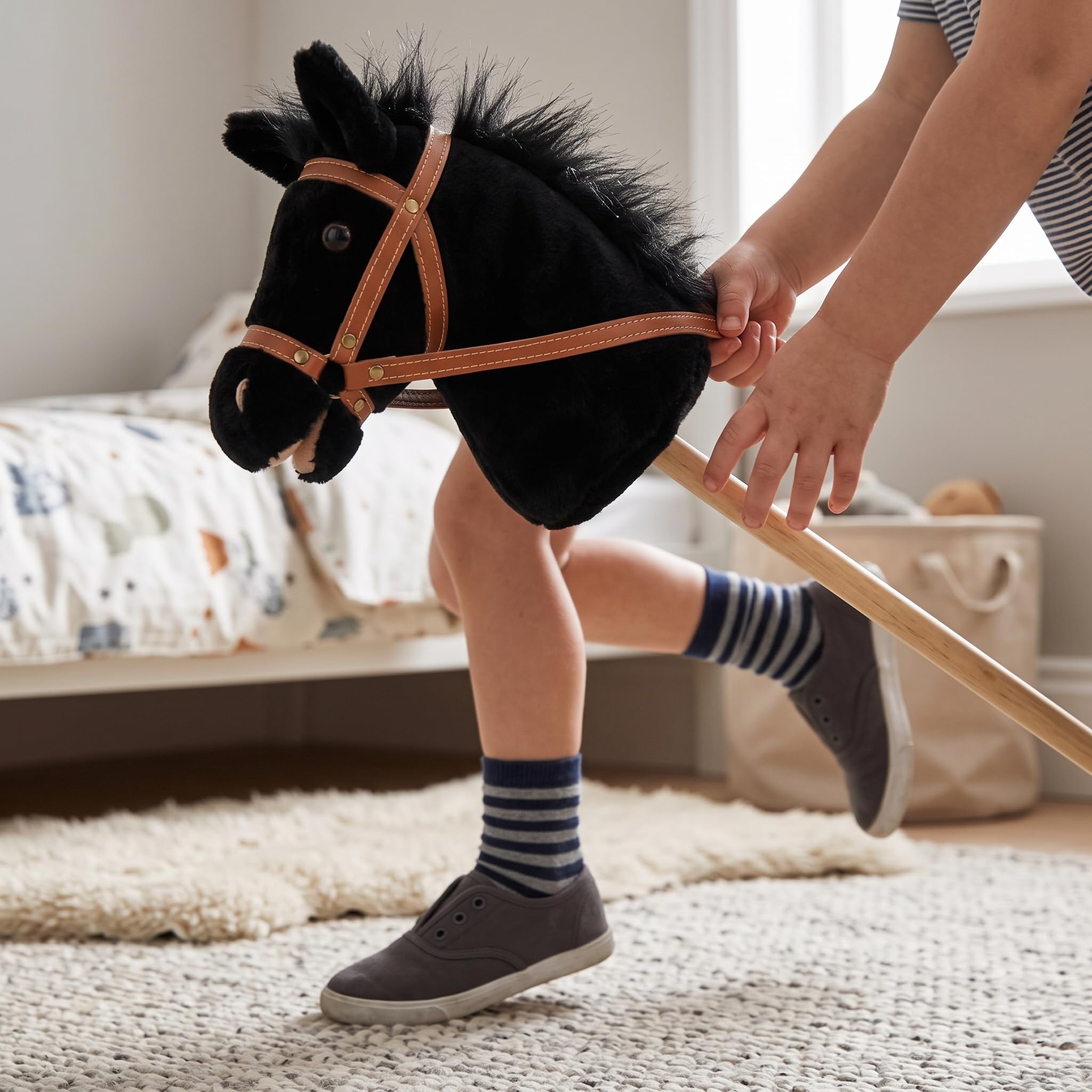 Hobby Horse Pferde für mit Soundeffekten, 100cm Steckenpferd zum Reiten, Schwarz, 100cm Hufeisengeräusch+Pferdegeräusch+Cowboy-Lied Nicht abnehmbar