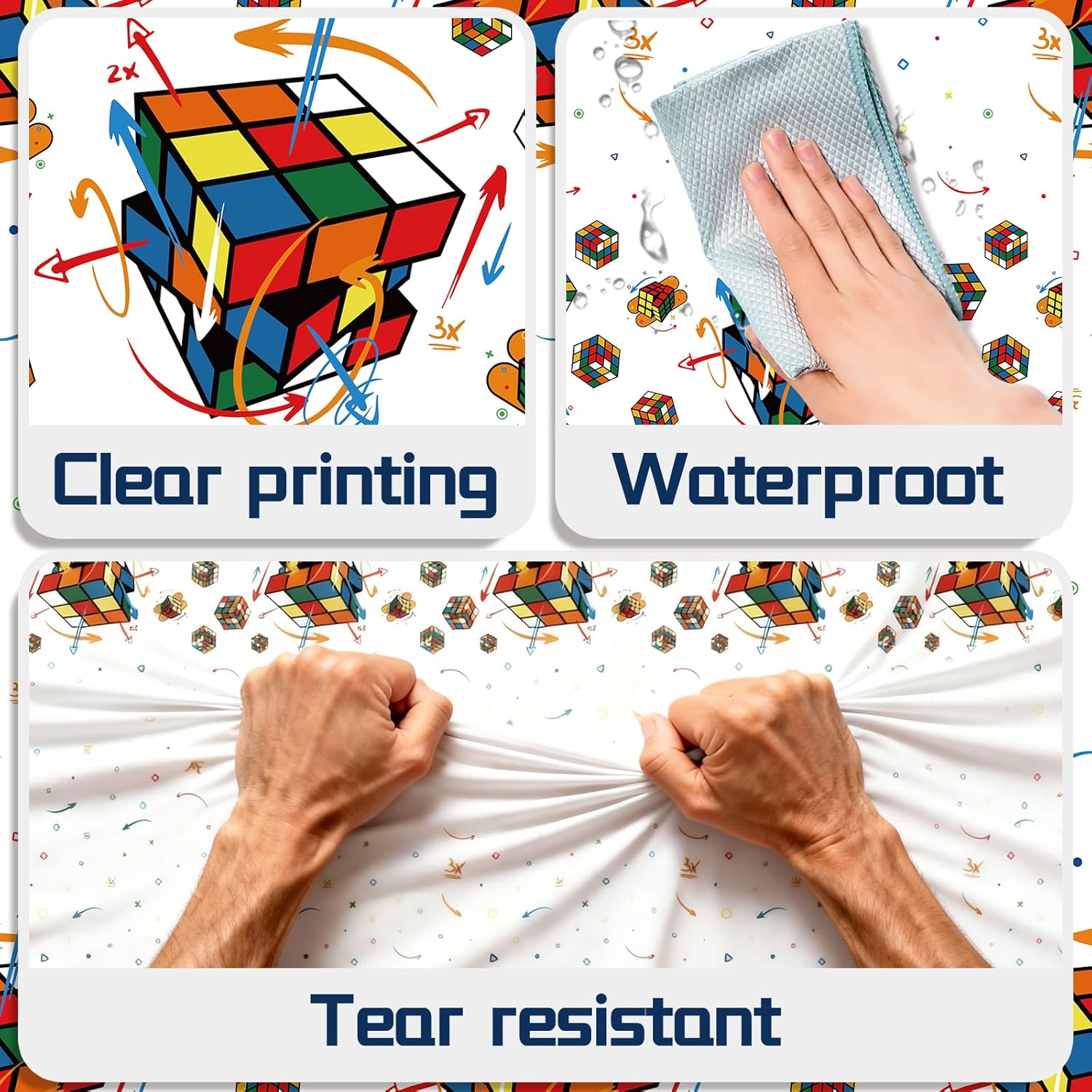 3 Pcs Magic Cube Pattern Disposable Tablecloth, Colorful Geometric Design Birthday Tablecloth Party Supplies for Smart Fun Kids Adult Celebrations,54 * 108 Inch.