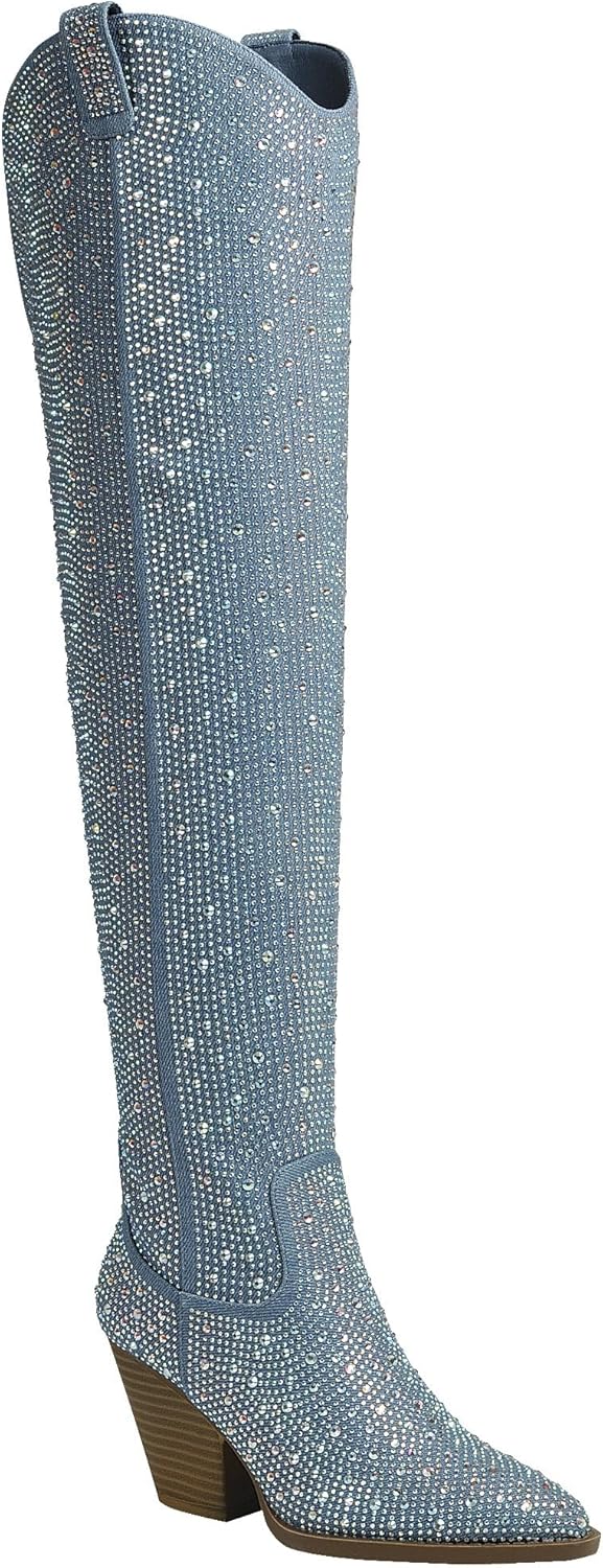 ABSOLEX Women Western Cowgirl Cowboy Pointed Toe Rhinestone Mid-Calf Over the Knee Boots