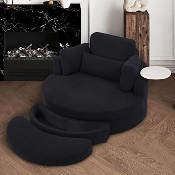 DEINPPA Swivel Accent Chair with Armrest Tray, Round Barrel Chairs with Ottoman for Living Room Bedroom-Corduroy Fabric-Black