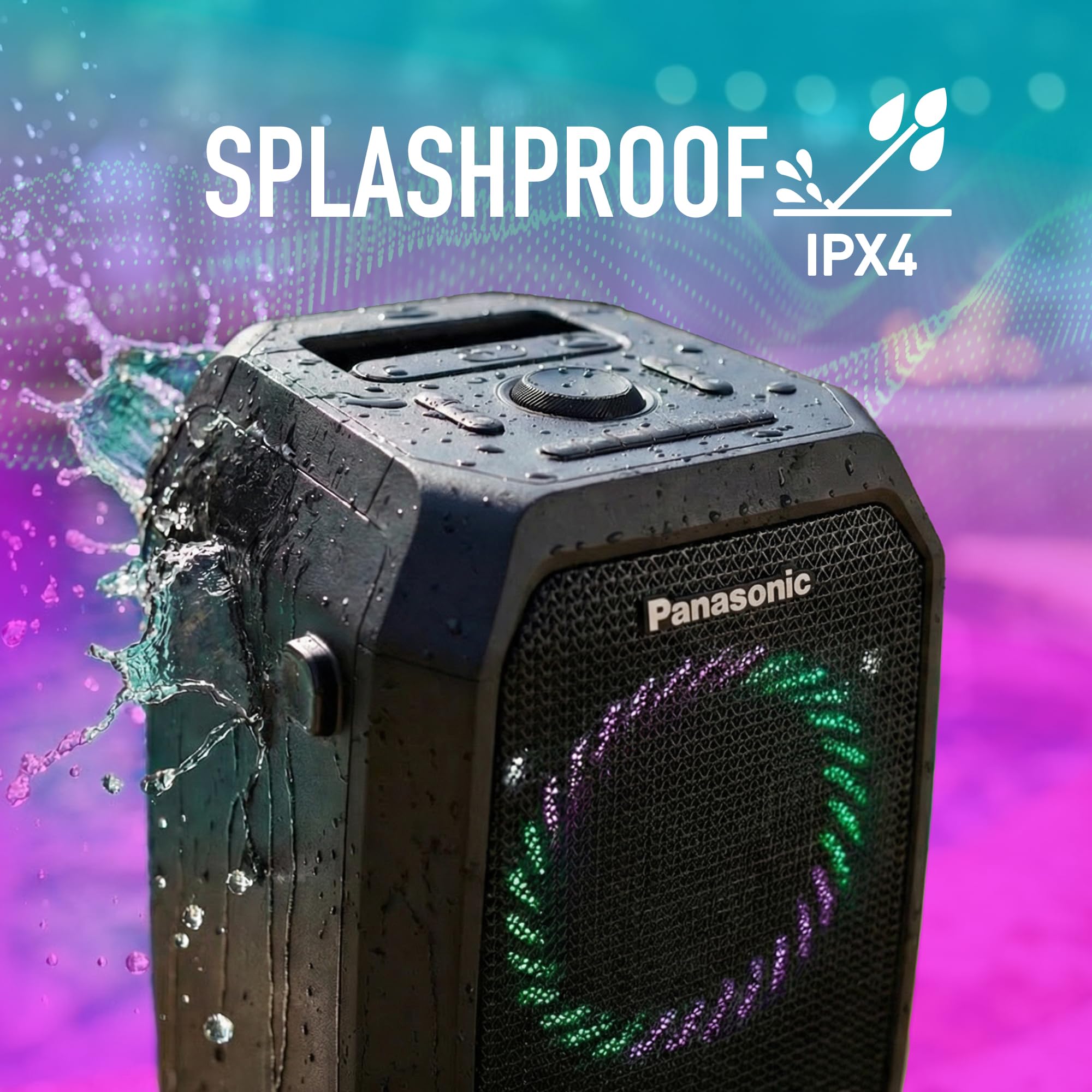 Panasonic SC-BMAX30 Enceinte Portable avec Bluetooth, Lumières Intégrées, Port Bass Reflex, 320 W, 14 Heures d’autonomie, USB, IPX4, Entrées Guitare et Micro pour Karaoké, Noir