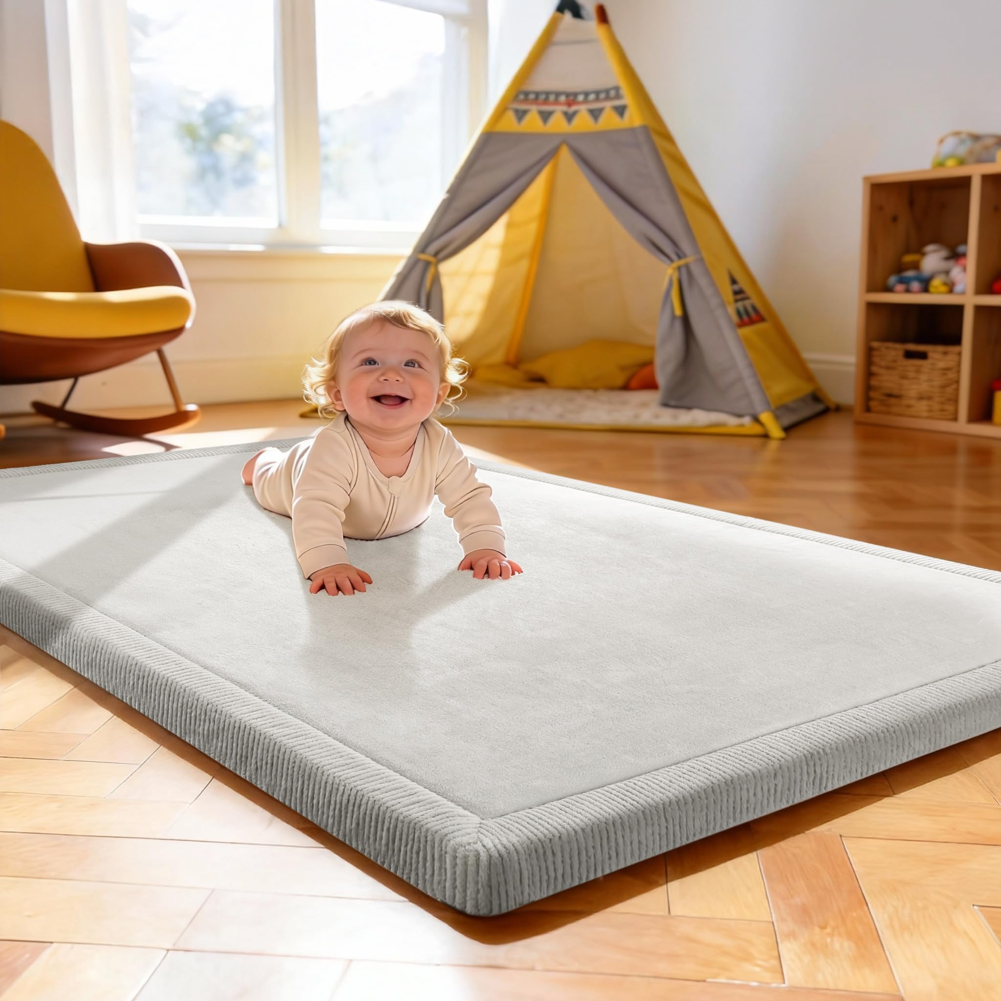 Treeboy Memory Foam Mat, Extra Thick Area Rug 3cm for Kids Living Room, Baby Playroom Crawling Carpet with Non-Slip Fluffy Soft Play Mat Modern Floor Toddler Nursery Carpet 150x80cm, Grey