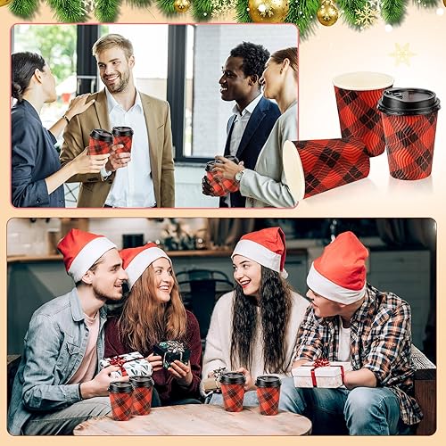 Miniatura 6 de 100 tazas de Navidad con tapa, tazas de café desechables de 12 onzas a granel, tazas de papel de pared onduladas aisladas, tazas de té navideñas