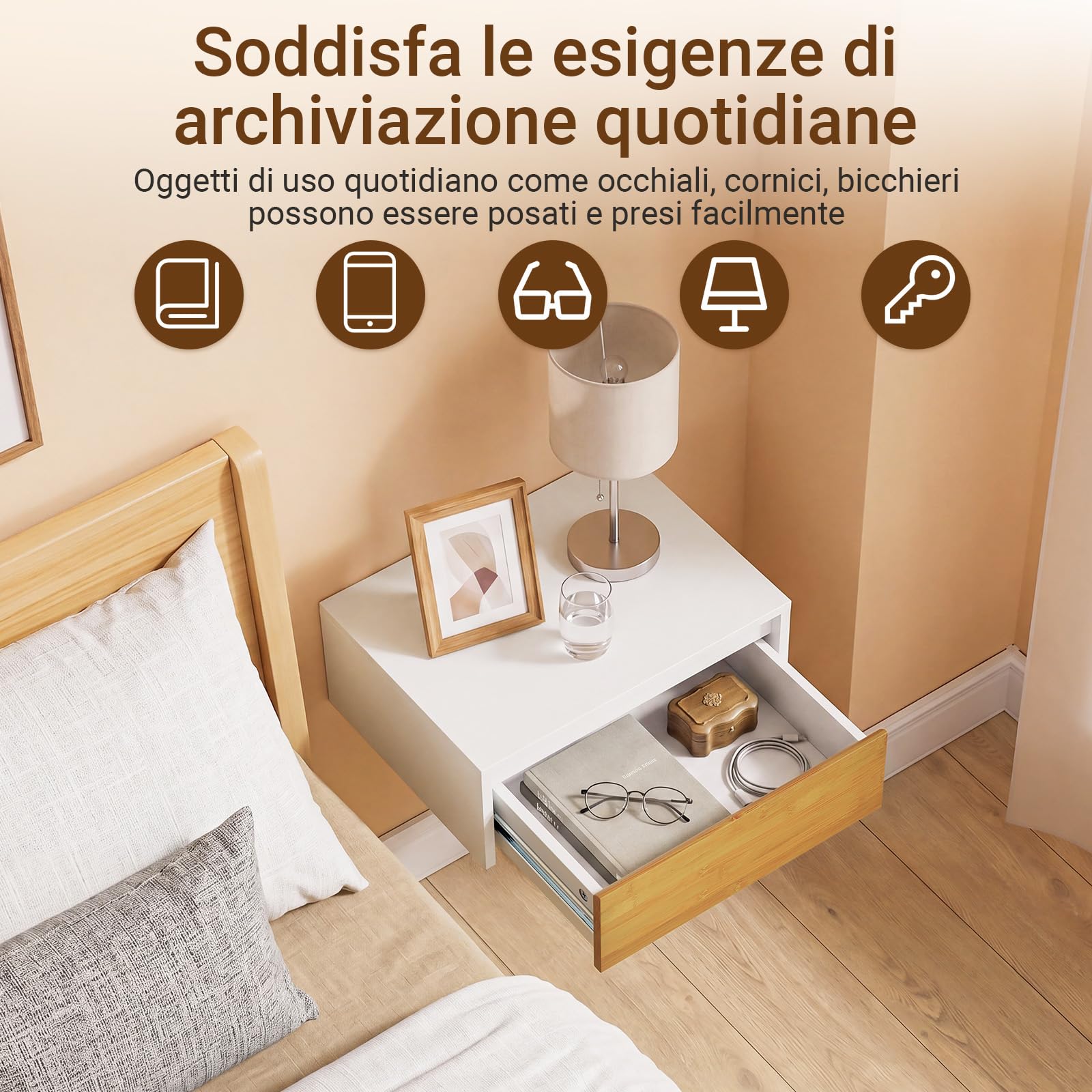SoBuy Comodino sospeso con luce LED a sensore, 40x29,8x15,6 cm | Comodino da parete con luce rimovibile e cassetto, Bianco Naturale, per camera da letto e ingresso, FBT174-E-WN
