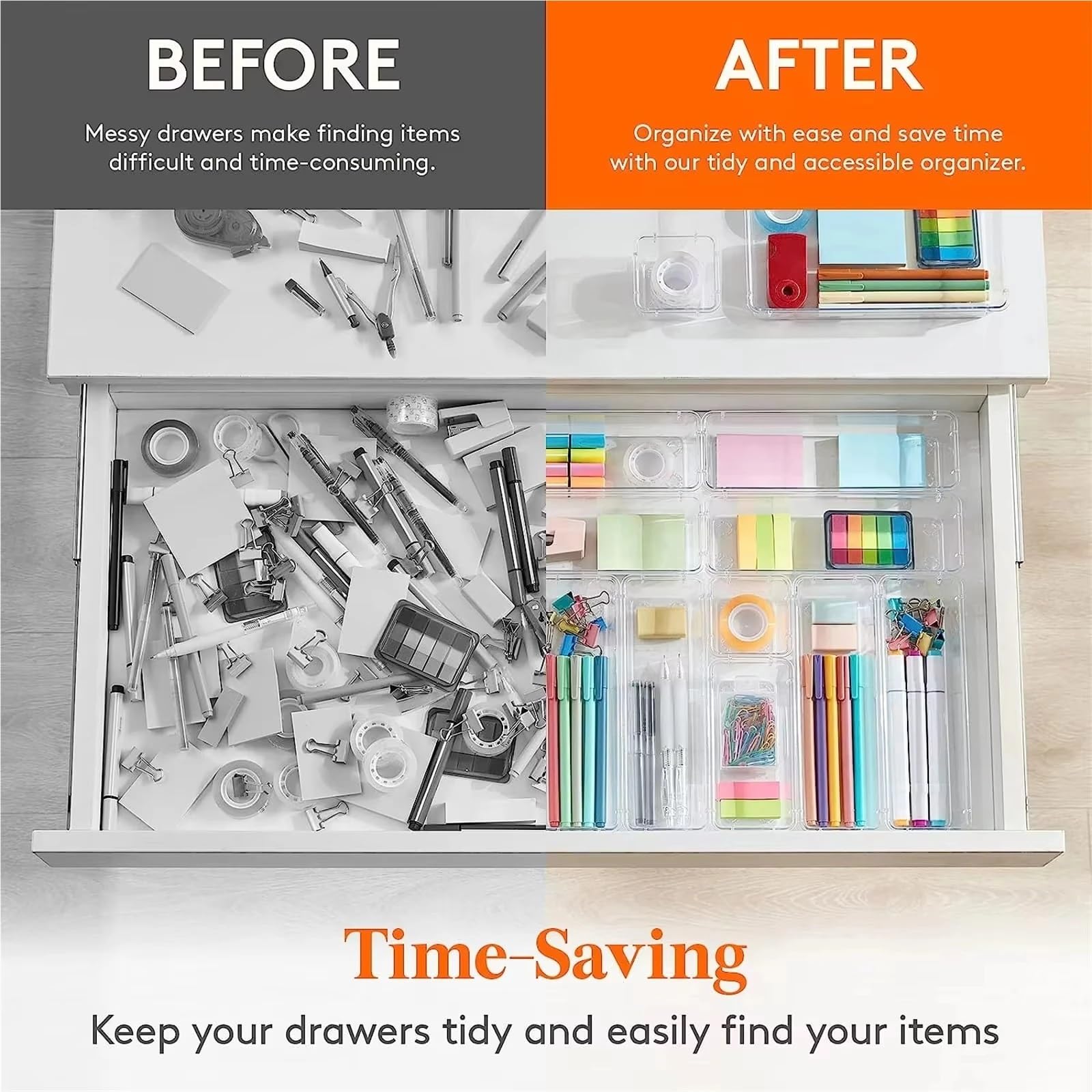 Organizer Cassetti 25 PCS Drawer Organiser Set Clear Plastic Desk Organizer Dividers Trays Dresser Storage Bins Separation Box for Makeup(Transparent-21Pcs)