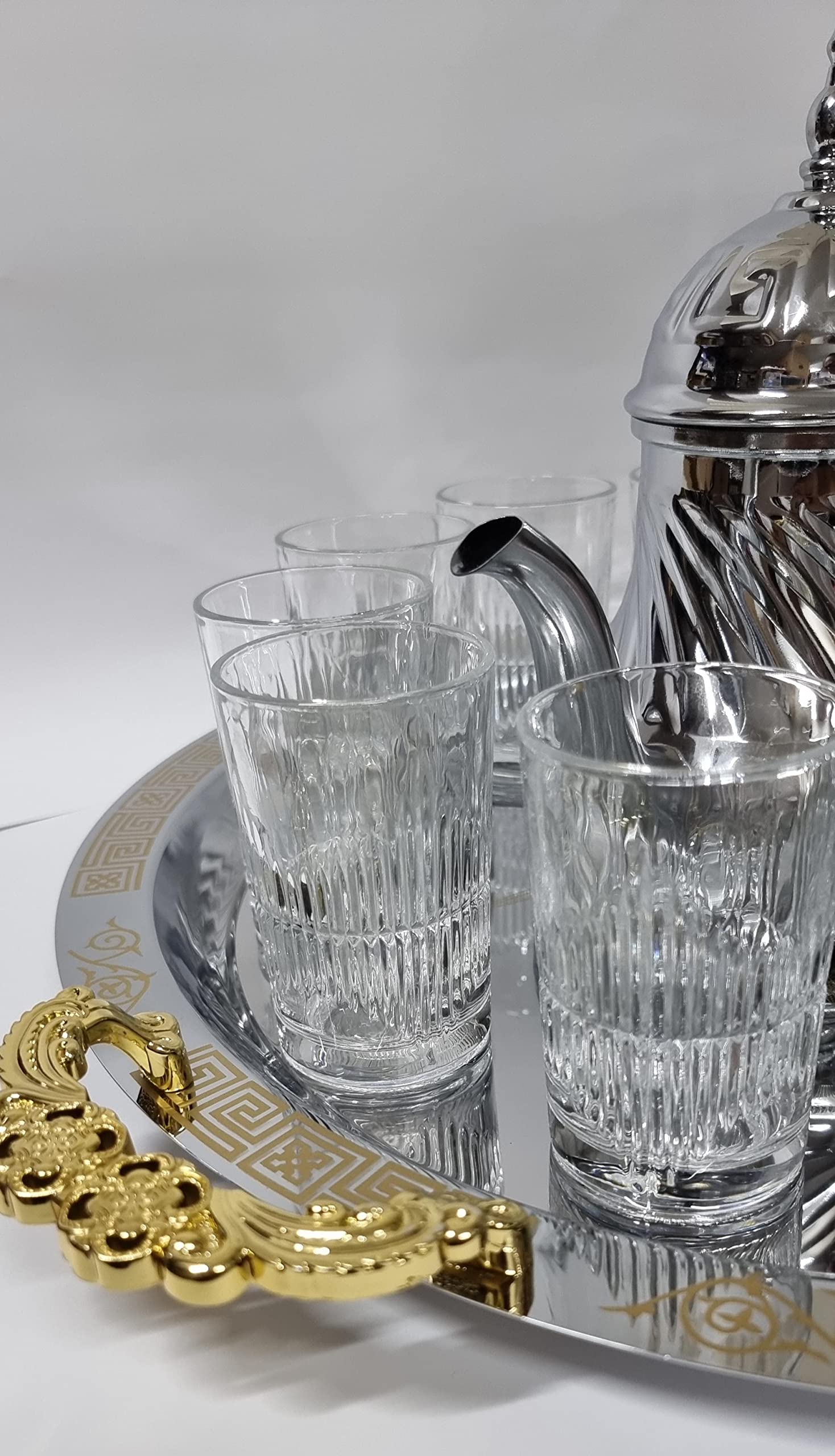 Service à thé marocain complet, théière 48oz, plateau 46 cm avec poignées et 12 verres argent