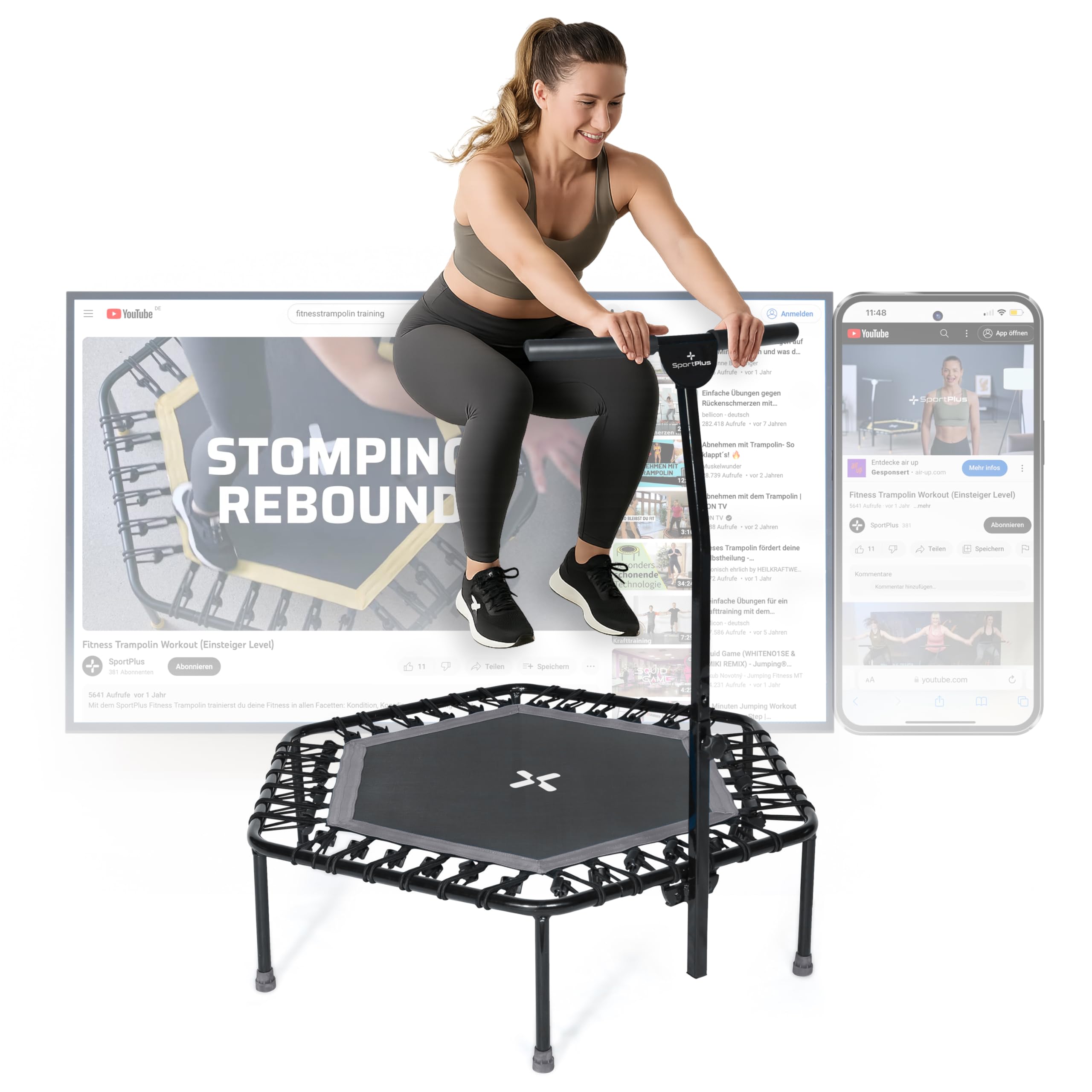 SportPlus Fitness-Trampolin, leise Gummiseilfederung, Nutzergewicht bis 130kg, Trampolin für Jumping Fitness