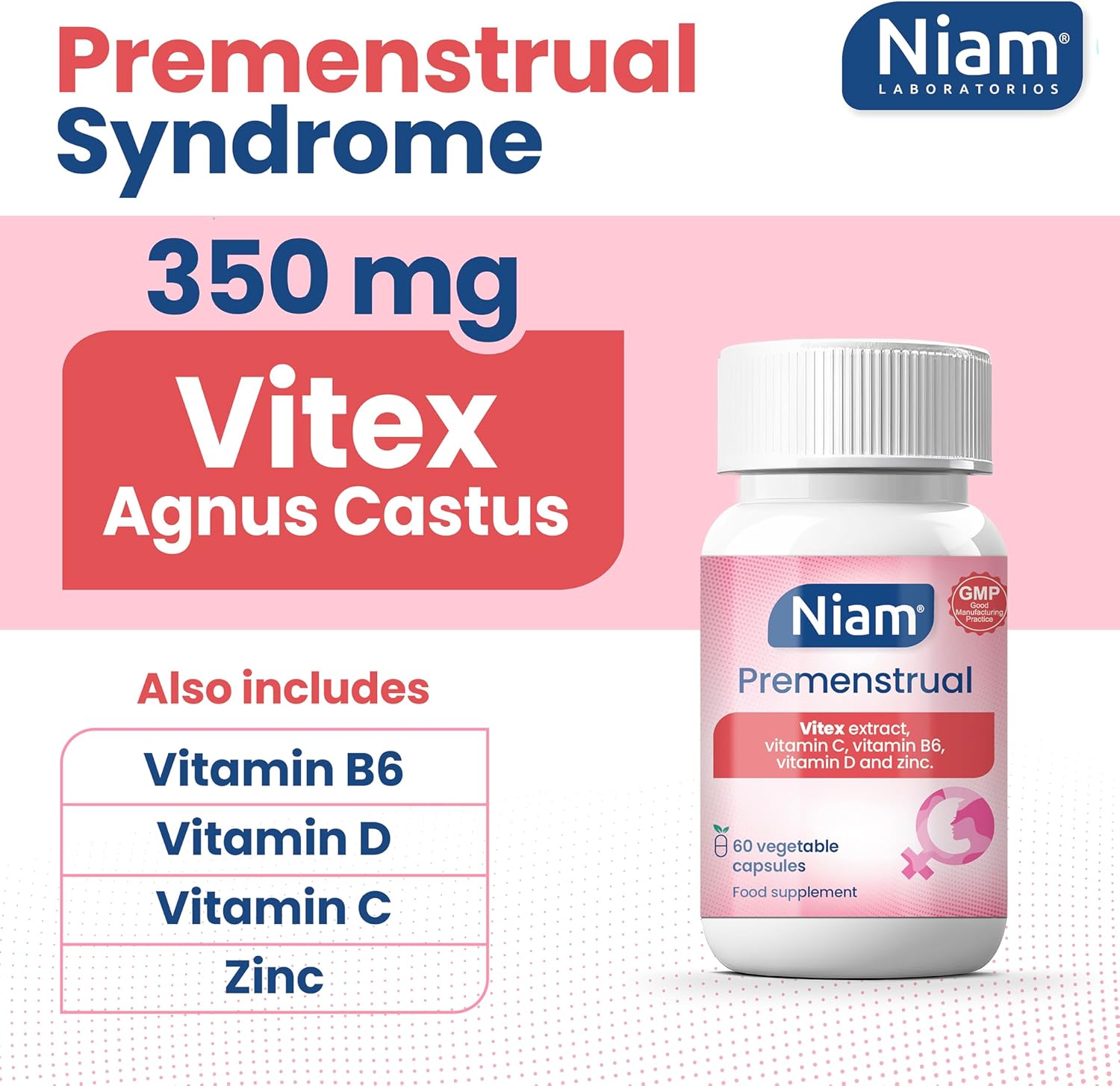 Vitex Agnus Castus 350 mg | Hormonal Balance & Cycle Support | Chasteberry, Vitamins B6, D, C & Zinc | 60 Capsules | Niam Premenstrual