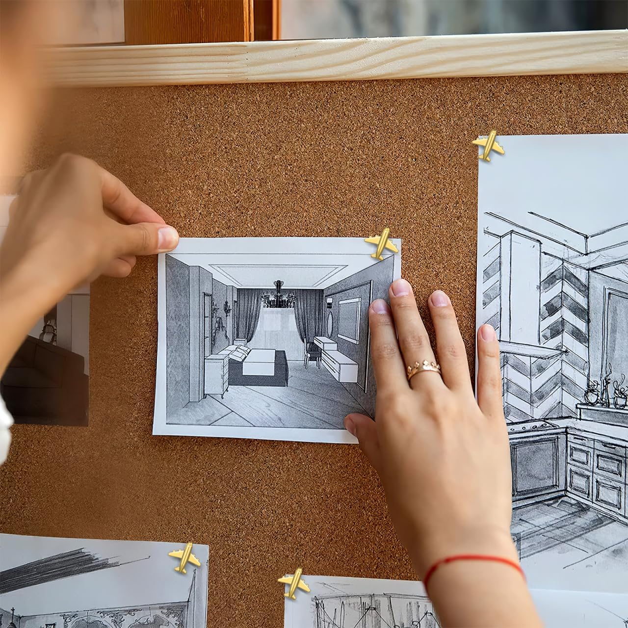 VILLCASE Airplane Push PinsThumb Tacks, 24pcs Metal Office Supplies for Cork Board, Bulletin Board, Photo Wall Maps- Decorative Airplane Pushpin for Office Home School Gold (Pack of 2)