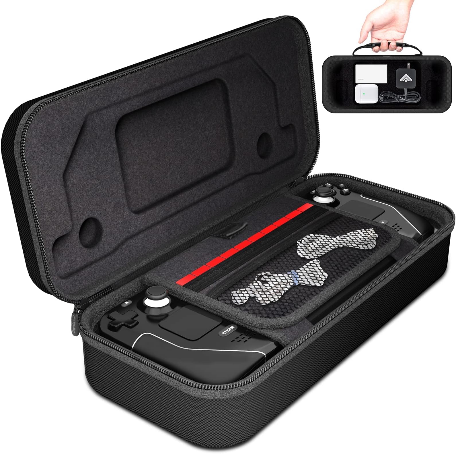TERRIFI Hard Shell Carrying Case for Steam Deck, Fits Charger AC Adapter with 10 SD Games Cartridges and Stand - Travel Pouch for Steam Deck Console and Accessories