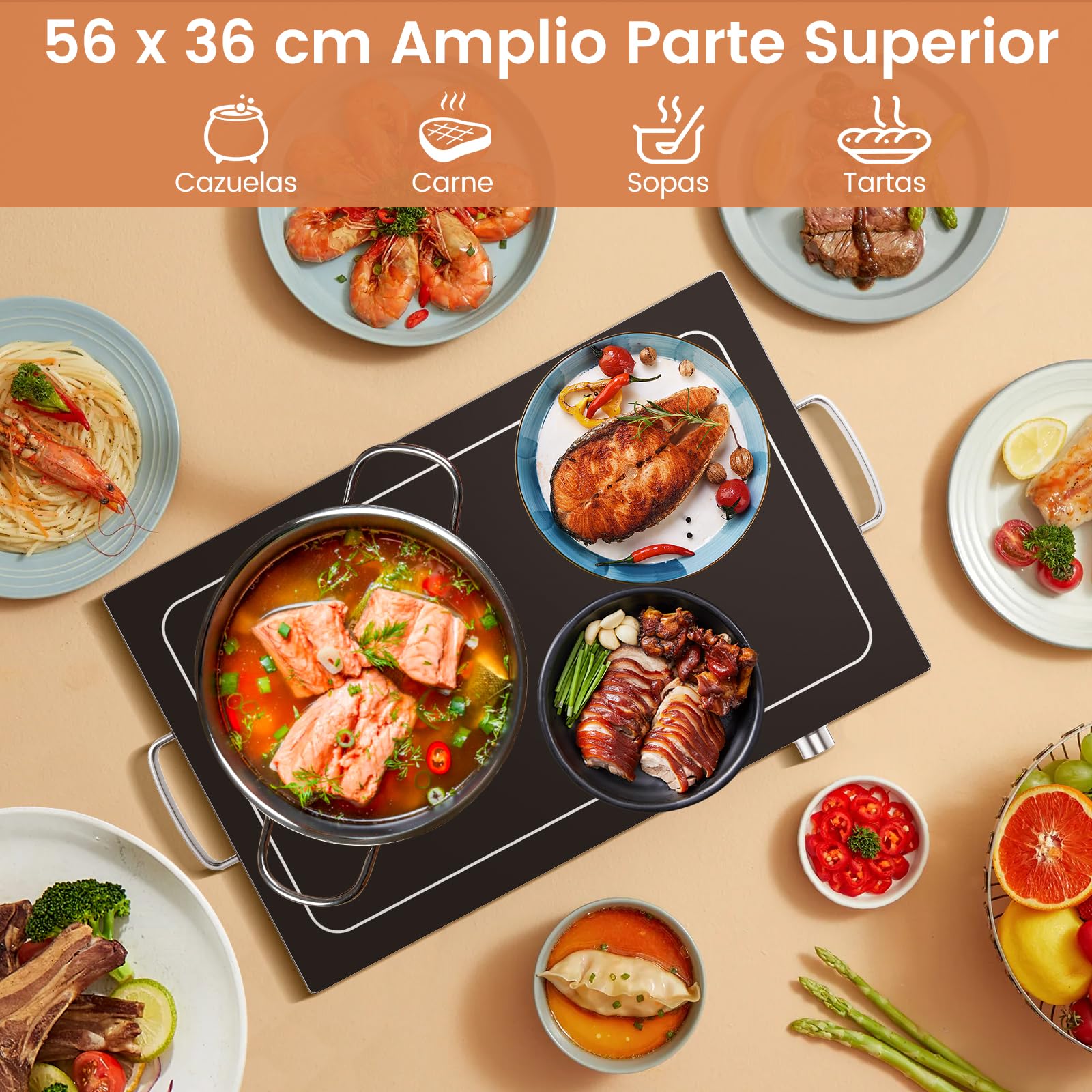 COSTWAY Calentador de Alimentos, Servidor de Buffet, Bandeja de Acero Inoxidable, Calentador de Comida con Tapa de Vidrio Resistente, Calentador de Platos, 300W, Temperatura Ajustable