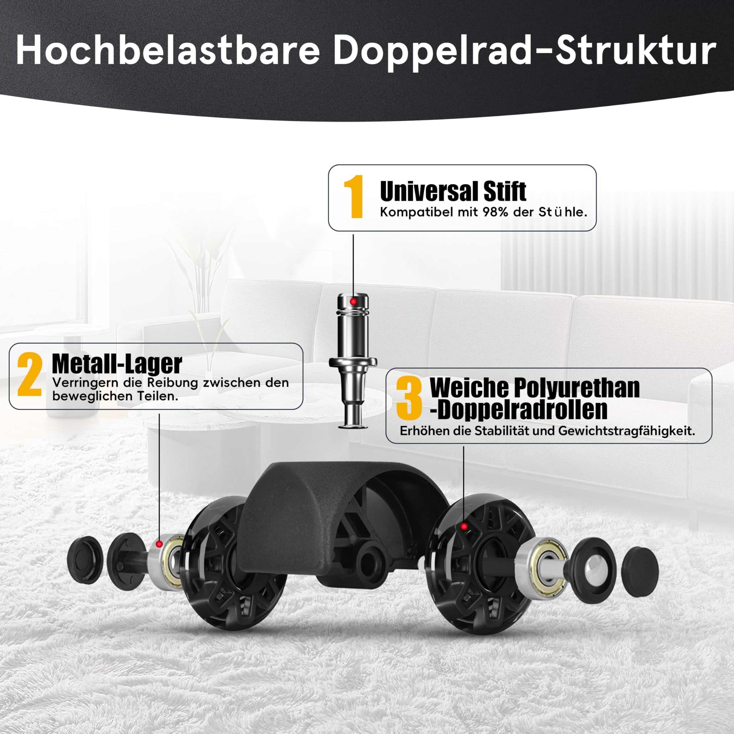 Kółka do Krzesła Biurowego - Wytrzymałe i Ciche Kółka Obrotowe, Idealne na Dywany i Twarde Podłogi, Uniwersalny Rozmiar 11x22 mm, Zestaw 5