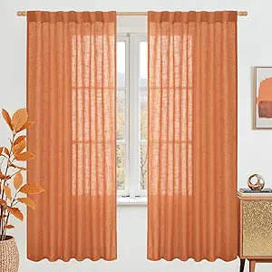 LAMIT Burnt Orange 72 inch Linen Curtains for Living Room 2 Panels, Linen Textured Light Filtering Semi Sheer Back Tab and Rod Pocket Curtain Panels for Bedroom/Farmhouse, 52 x 72 Inch
