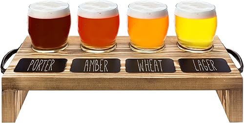 Miniatura 7 de MyGift Juego de regalo de vidrio de cerveza de madera maciza con 4 vasos de cerveza de degustación y bandeja para servir con etiqueta de pizarra