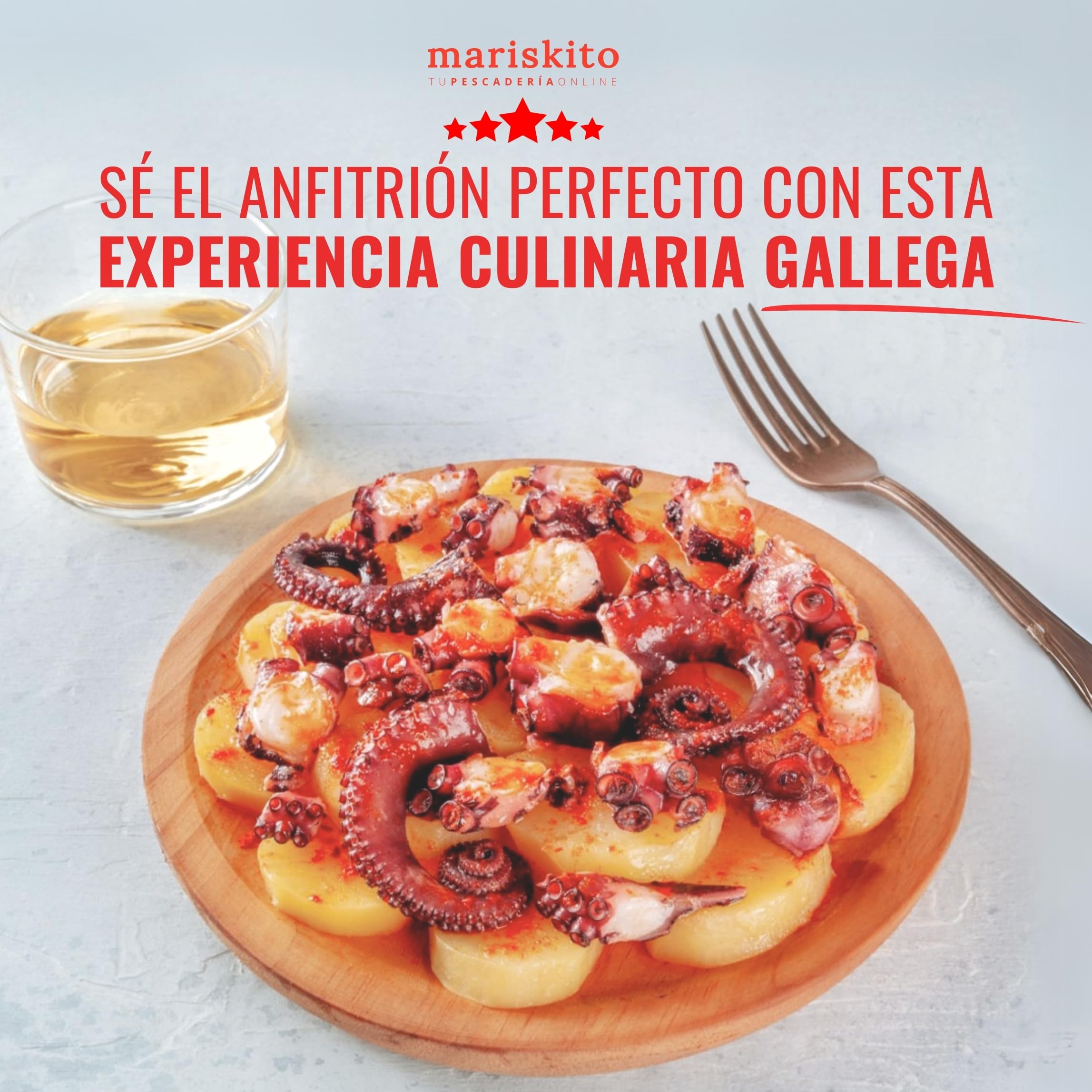 MARISKITO | Pack La Mar de Pulpeiros – Pulpo a la Gallega Cocido - Plato de Madera para Servir Tapa – Aceite Oliva Virgen Extra y Sal Escamas con Pimentón de la Vera Gourmet - Cocinar Receta en 5 min