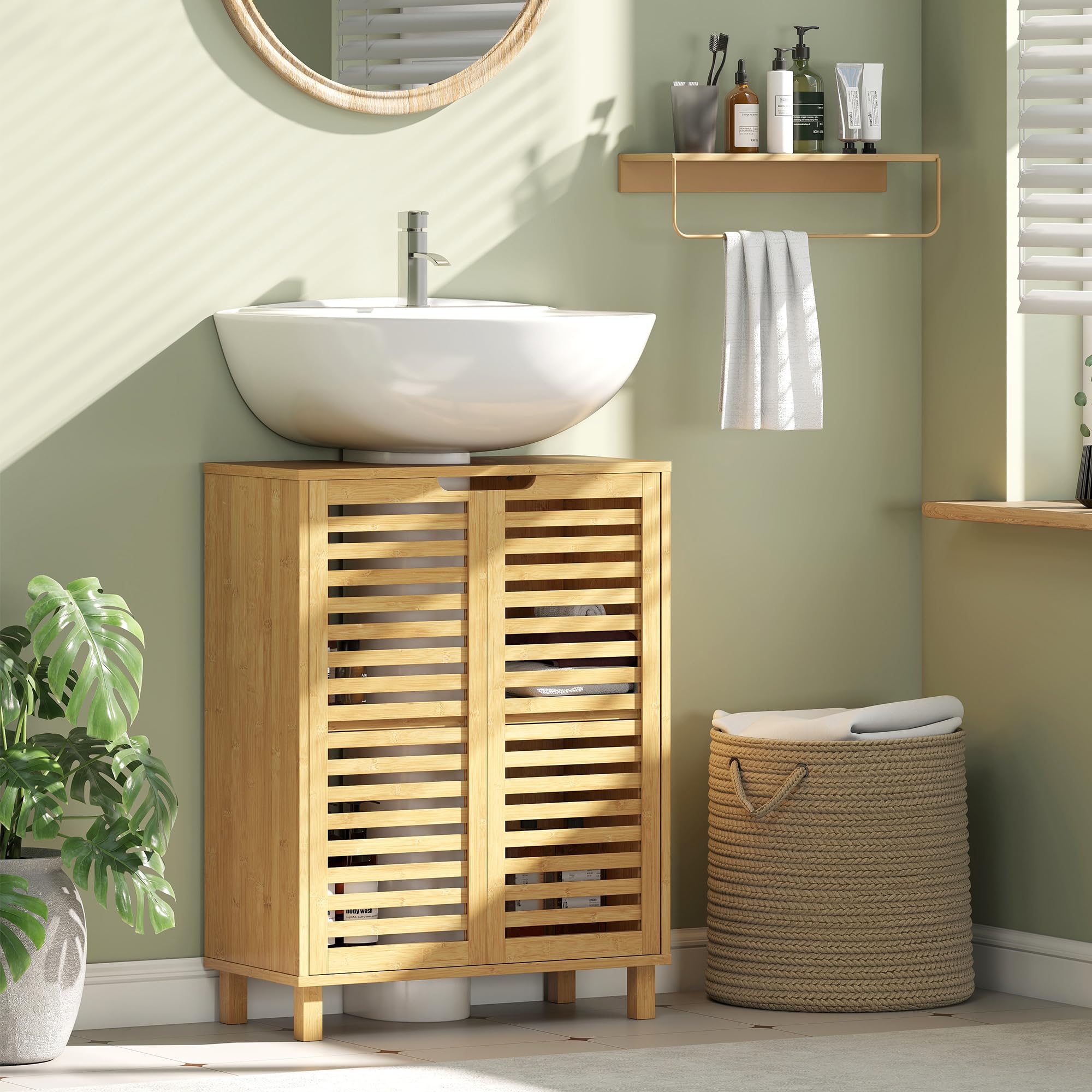 HOMCOM Mueble Bajo Lavabo de Bambú 2 Puertas de Lamas 60x30x80cm Natural | Estante Regulable, Mueble de Baño, para Lavabos con o sin Pedestal