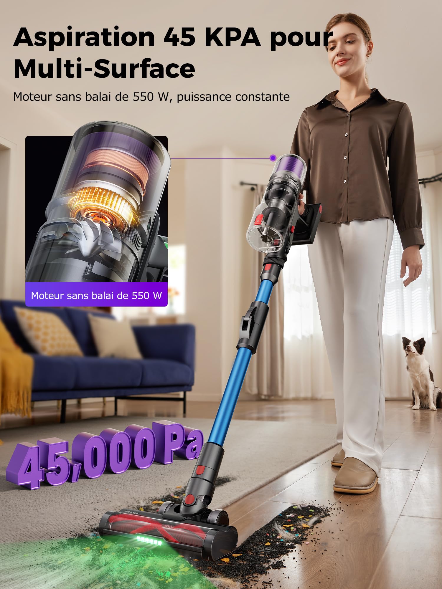 Proscenic P16 Aspirapolvere senza Fili 550W/50KPA/65Min, Scopa Elettrica senza Fili con Tubo Pieghevole, Autonomia conTouchscreen Spazzola Anti-Avvolgimento per Pavimenti/Tappeti/Peli (Blu)