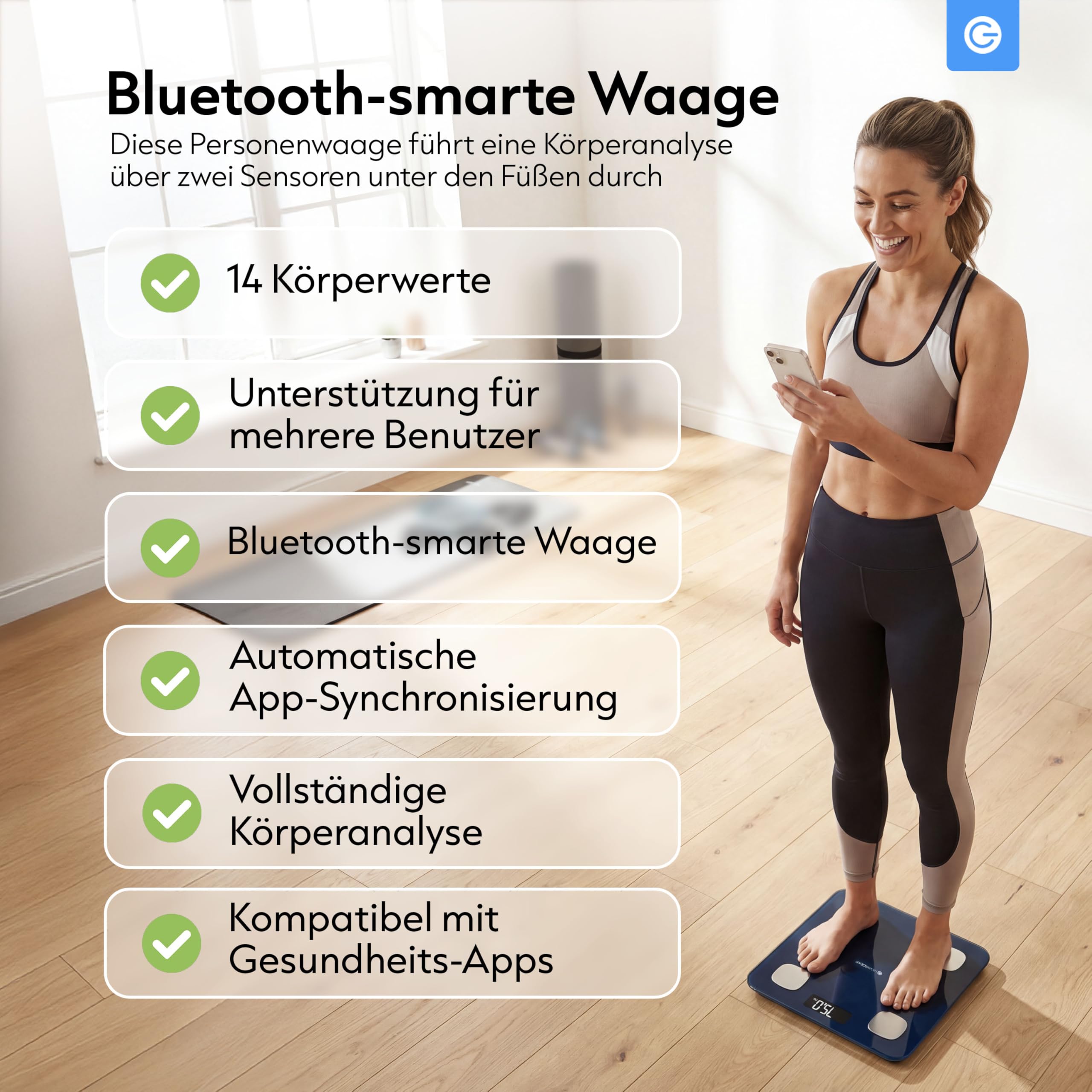 Silvergear® Körperfettwaage | Personenwaage Digital | Bluetooth Körperfettwaage mit App | Smart Waage für Körperanalyse, Muskelmasse & BMI | 27x27cm | Blau