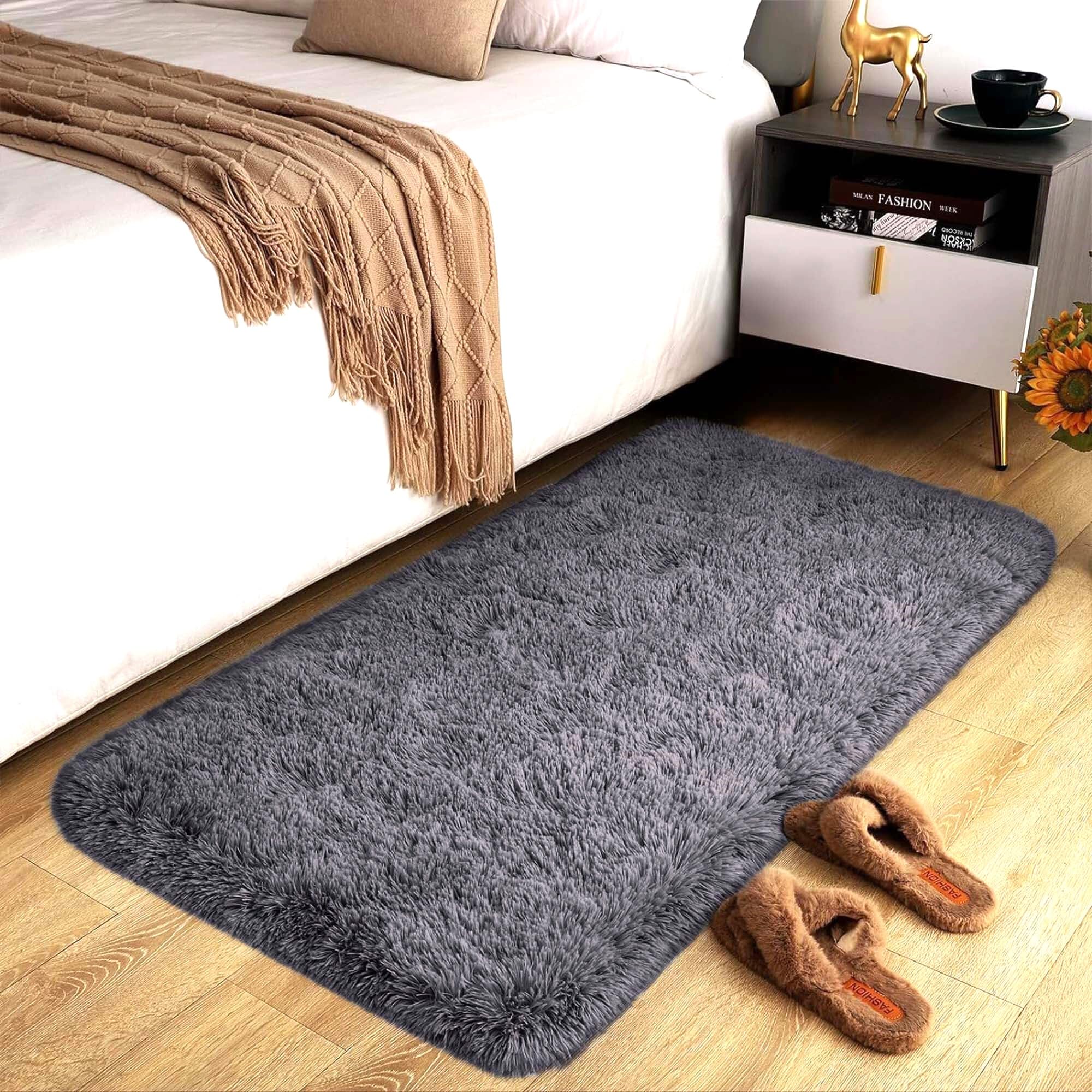 Fluffy Shaggy Rugs Living Room Grey 60x110 cm, Soft Thick Pile Carpet Bedroom, Non Slip Small Bedside Rug for Kids Nursery Room Non-Shedding