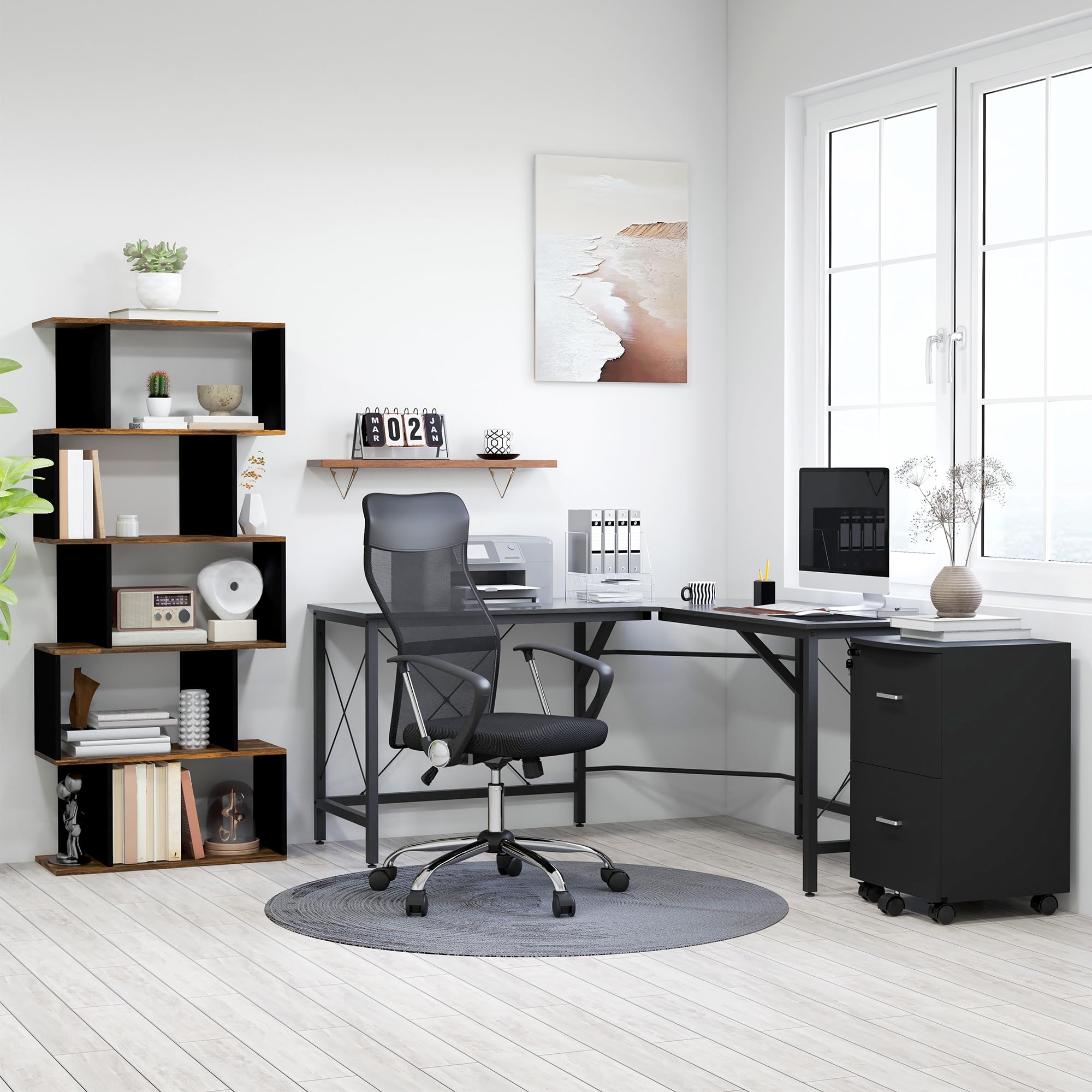 HOMCOM Scrivania Spaziosa Nera e Finitura in Rovere Perfetta Postazione da Lavoro per Casa e Ufficio a Forma di L con Soluzione Angolare Finitura in Rovere 150x150x76cm Nera