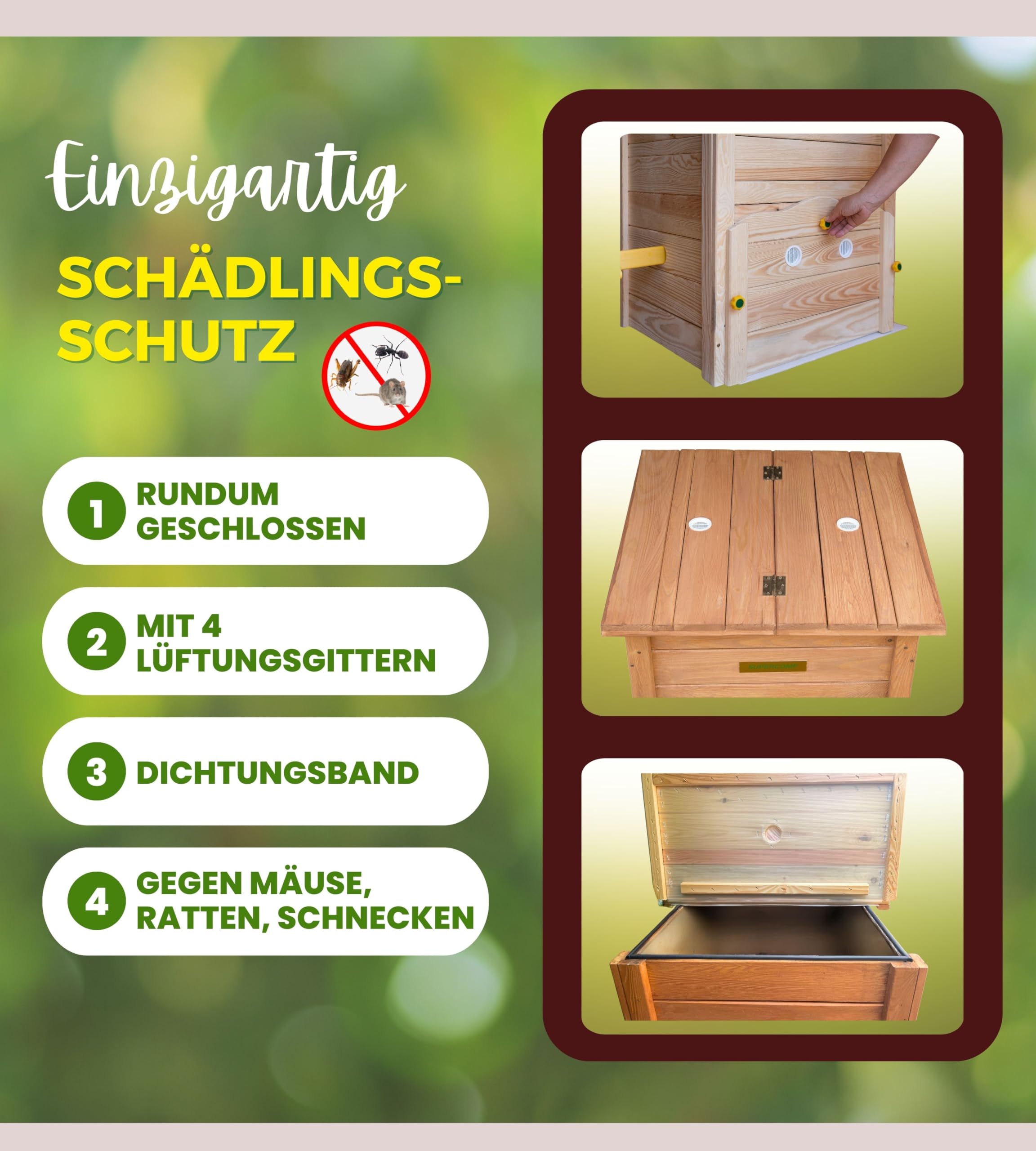 Holz Komposter Rattensicher mit Deckel, Schädlingsschutz, Durchlüftungsgitter und Boden, Gleit-Technik Kompostieren ohne üblen Gerüche, kein Umsetzen mehr, 340 L