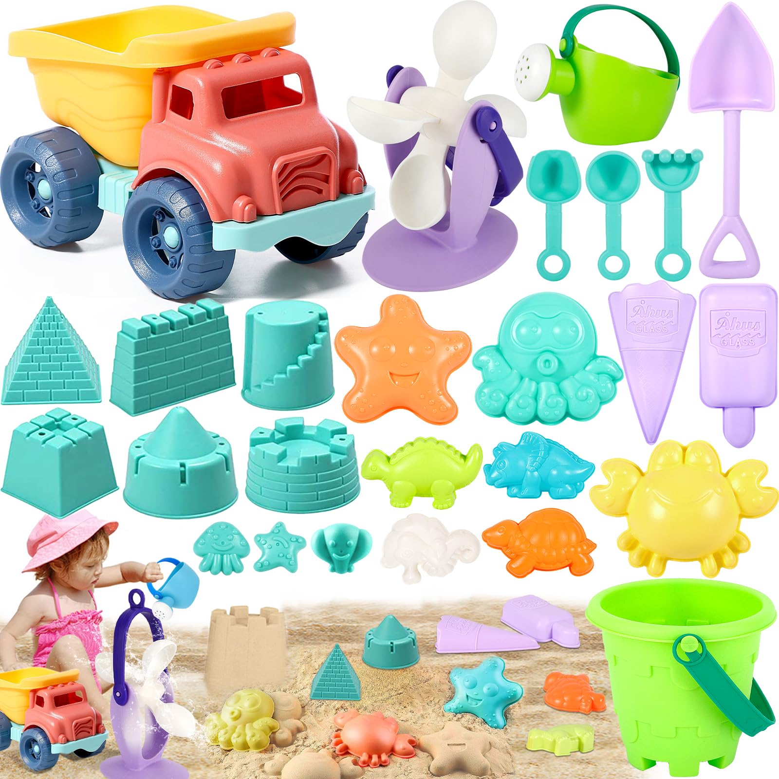 FAMKEEP Jouet de Plage 26 Pièces,Kit de Jeu de Plage Enfant avec Sac en Filet pour Enfants avec Seau Plage,Pelles,Râteaux,Arrosoir Jouet de Sable Enfant pour Bac a Sable Intérieur Extérieur