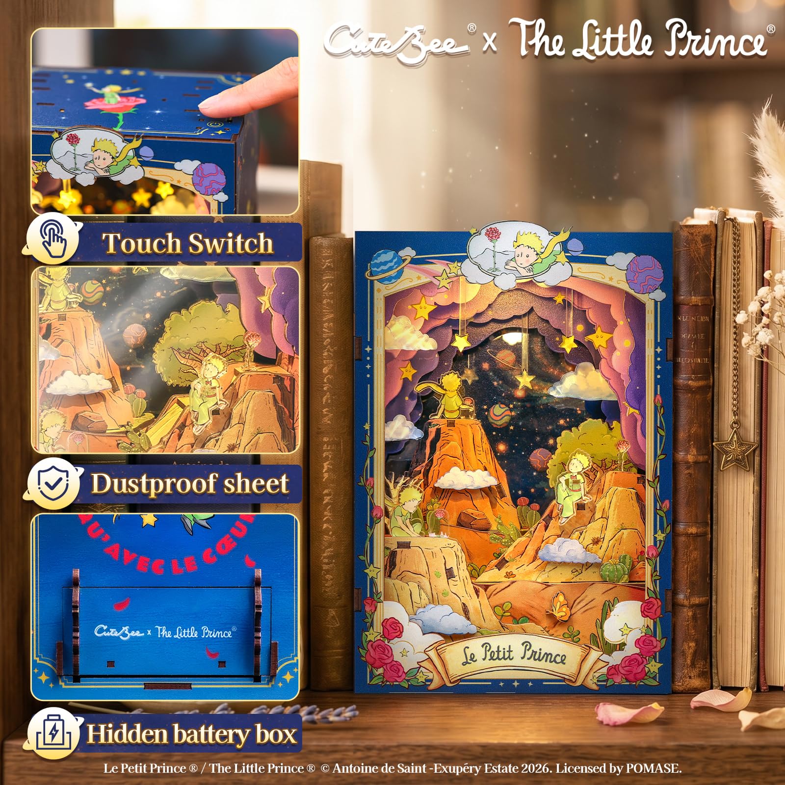 CUTEBEE Book Nook – El Principito Planeta & Rosa Maqueta 3D Madera