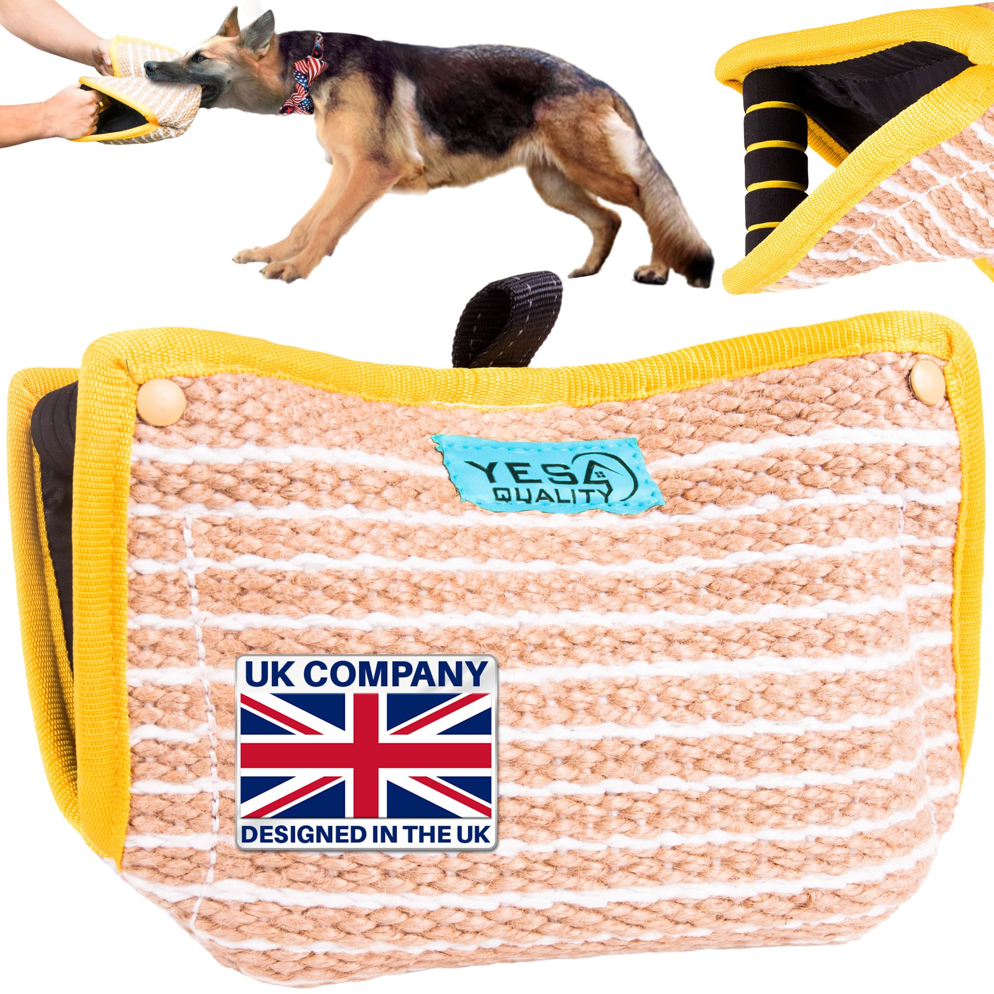 Durable Dog Bite Wedge 33X25.4 cm - Safe Biting Pillow with 2 Comfy & Strong Handles - Tough Jute Tug Toy for Medium to Large Dogs - Ideal for Tug of War, Canine & Puppy Training by Yes4Quality