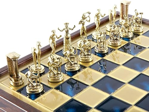Miniatura 2 de Minoan Period Juego de ajedrez de latón-níquel - Caja de madera Tablero de latón azul
