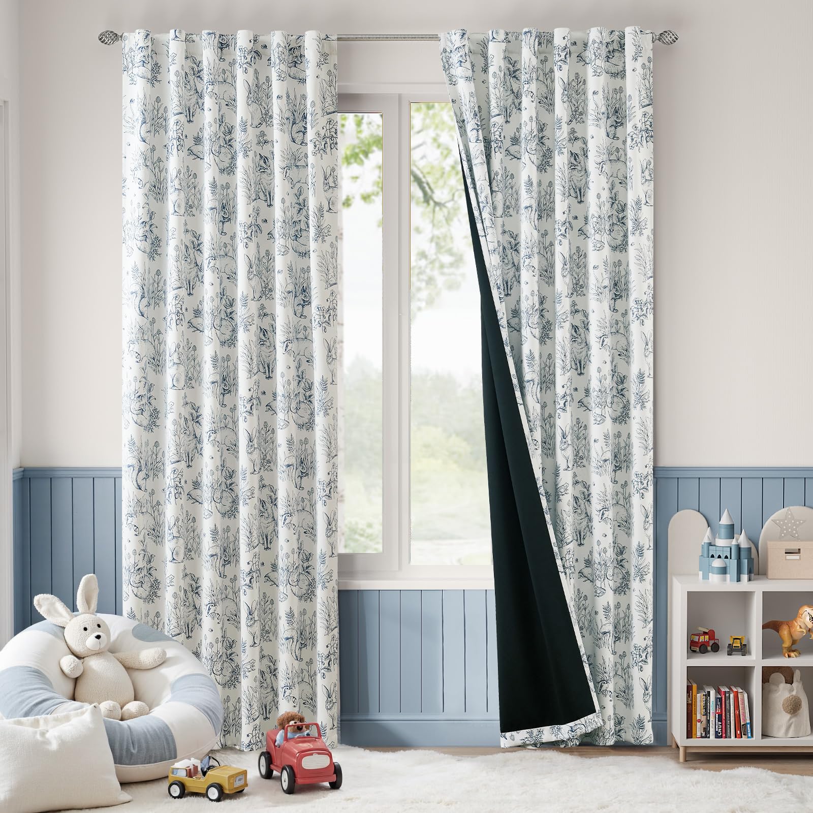 jinchan 95% Blackout Nursery Curtains 84 Inches Long, Bunny Woodland Toile Curtains Blue on Beige Animal Printed Drapes for Bedroom Rod Pocket Thermal