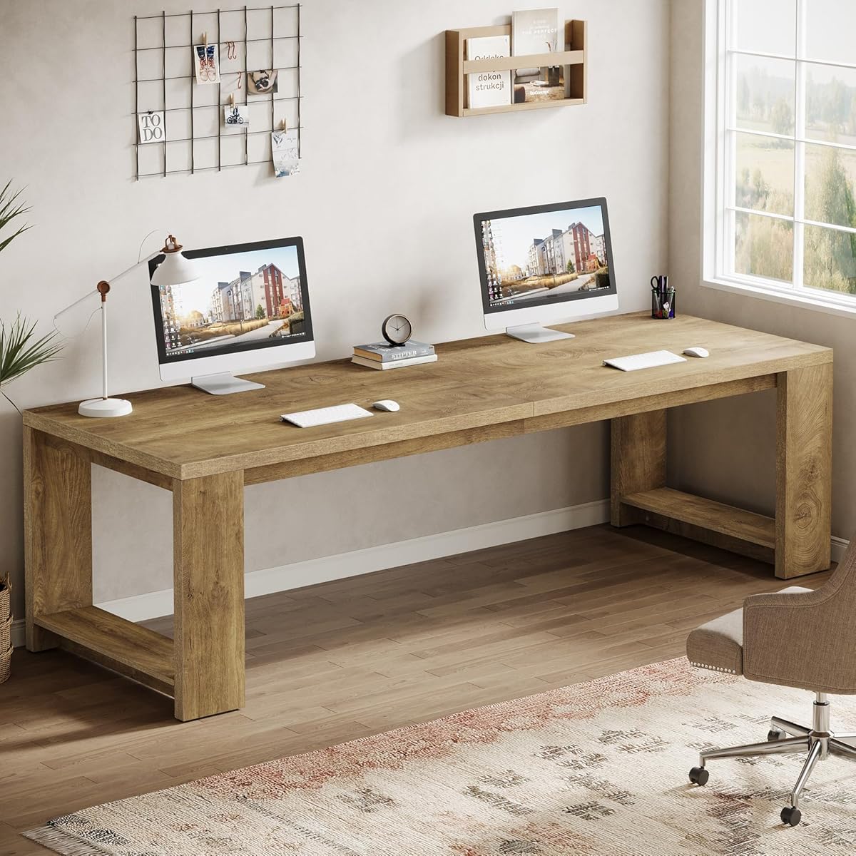 Tribesigns Two Person Desk, 86.6 Inches Extra Long Desk, Double Computer Writing Table, Wood Large Desks Workstation for Home Office, Natural Oak