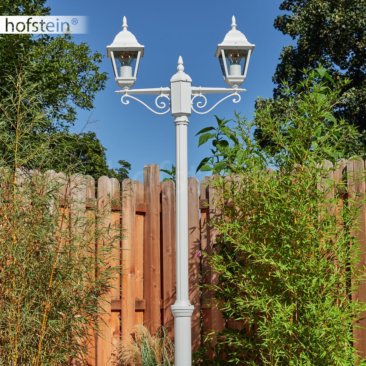 Lampa drogowa zewnętrzna Hong Kong, lampa ścieżki z metalu/szkła w kolorze białym/przezroczystym, kandelabr w antycznym stylu, wysokość maks. 220 cm, oświetlenie ogrodowe IP44, 2 x E27, bez żarówki
