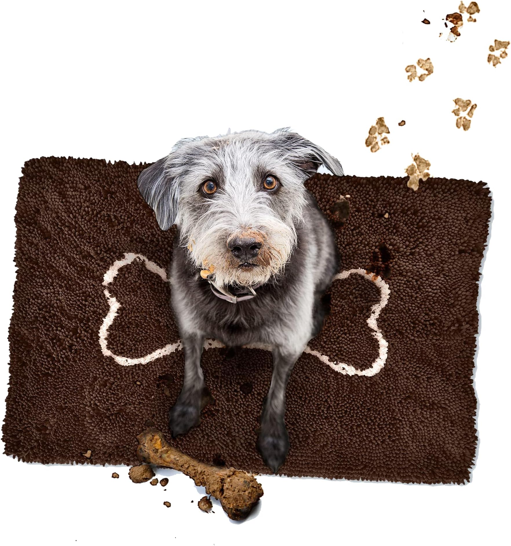 Soggy Doggy Dog Door Mat โ Large Absorbent Chenille Microfiber Dog Rug for Muddy Paws, Wet Dogs & Entryway Floors, Non-Slip Backing, Machine Washable Doormat โ Chocolate/Oatmeal Bone, 26โ x 36โ