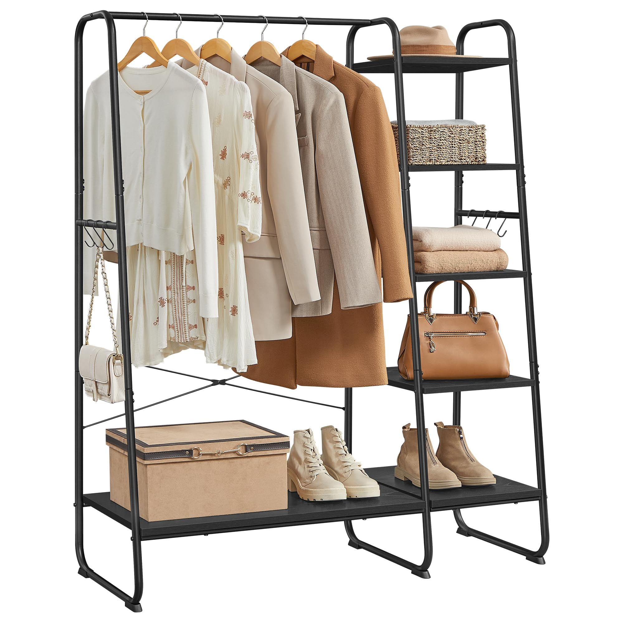 VASAGLE Kleiderständer, Garderobenständer, 45 x 120 x 160 cm Garderobe, Kleiderstange, Schuhablage, offener Kleiderschrank, 6 Haken abnehmbar, Schlafzimmer Flur, ebenholzschwarz-Mattschwarz RGR116B02