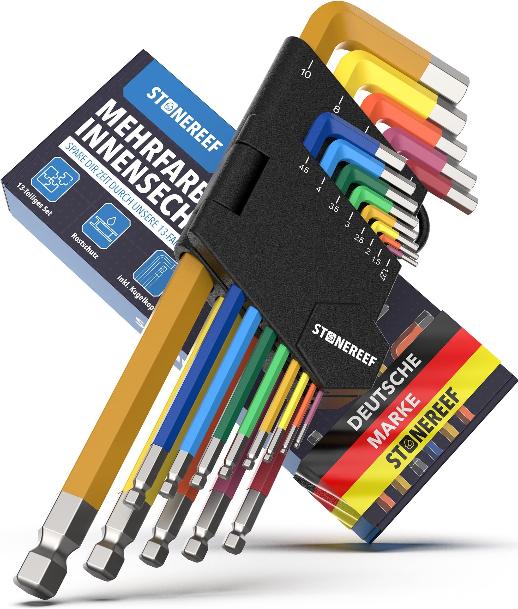 STONE REEF Allen Key Set 13 Pieces [incl. Ball Head] - 1.27-10 mm Allen Key Multicolour Set, Hex Key Set for Craftsmen, Allen Key, Allen Key Set