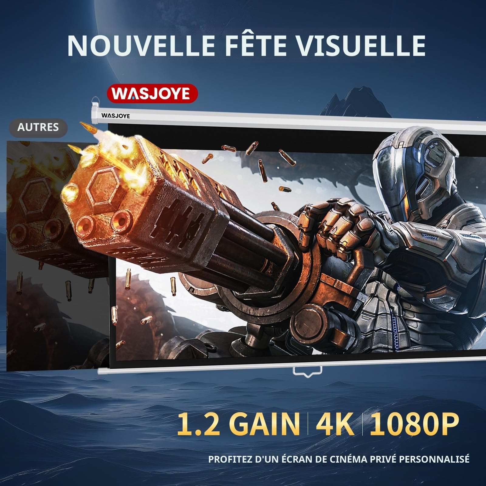 WASJOYE Écran de Projection Manuel - Universal 100" Toile Videoprojecteur Enroulable Rétractable, Projector Screen avec Verrouillage Automatique, Hauteur d'Ecran réglable, Lunette Noire Masquée