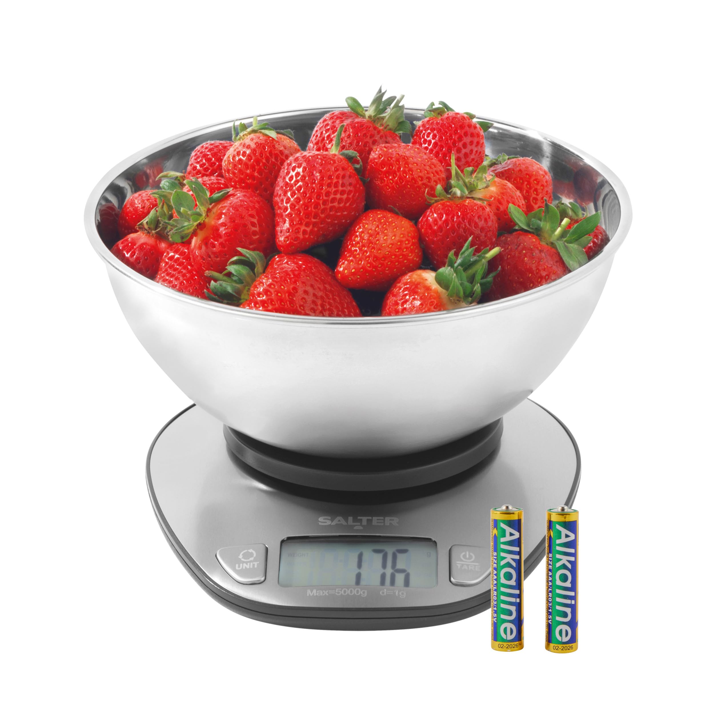 Salter Digital Bowl Scale – Electronic Food Weighing Scales, 5kg/11lbs Capacity, Stainless Steel Dishwasher Safe 2-Litre Measuring Dish, Tare Function, Measures Liquids, LCD Backlit Display, Dual-Use