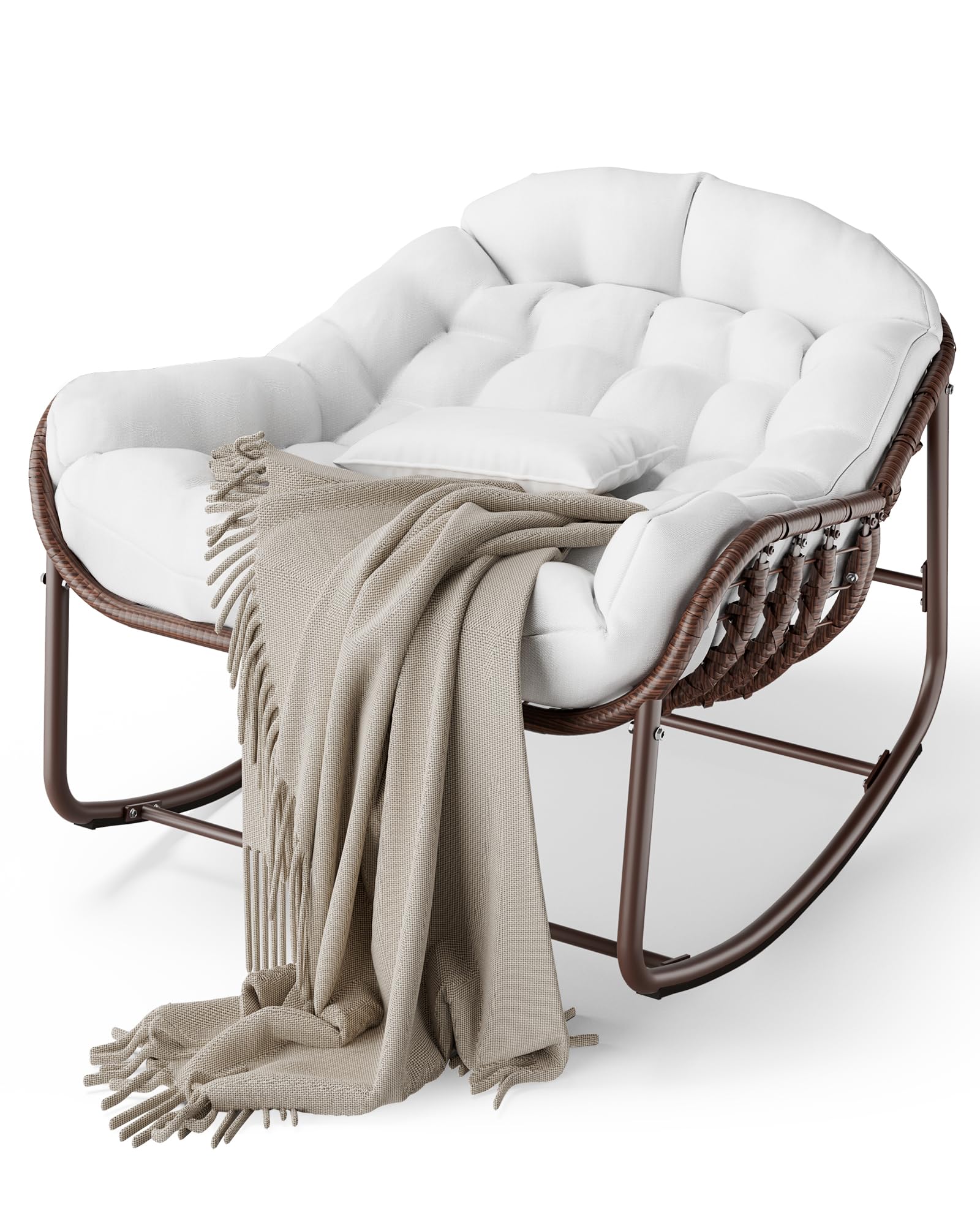 GarveeHome Outdoor Patio Schaukelstühle, Überdimensionierter Papasan-Schaukelstuhl für Innen mit Gepolstertem Kissen - Ei-Schaukelstuhl für Wohnzimmer, Veranda, Garten, Terrasse, Hinterhof