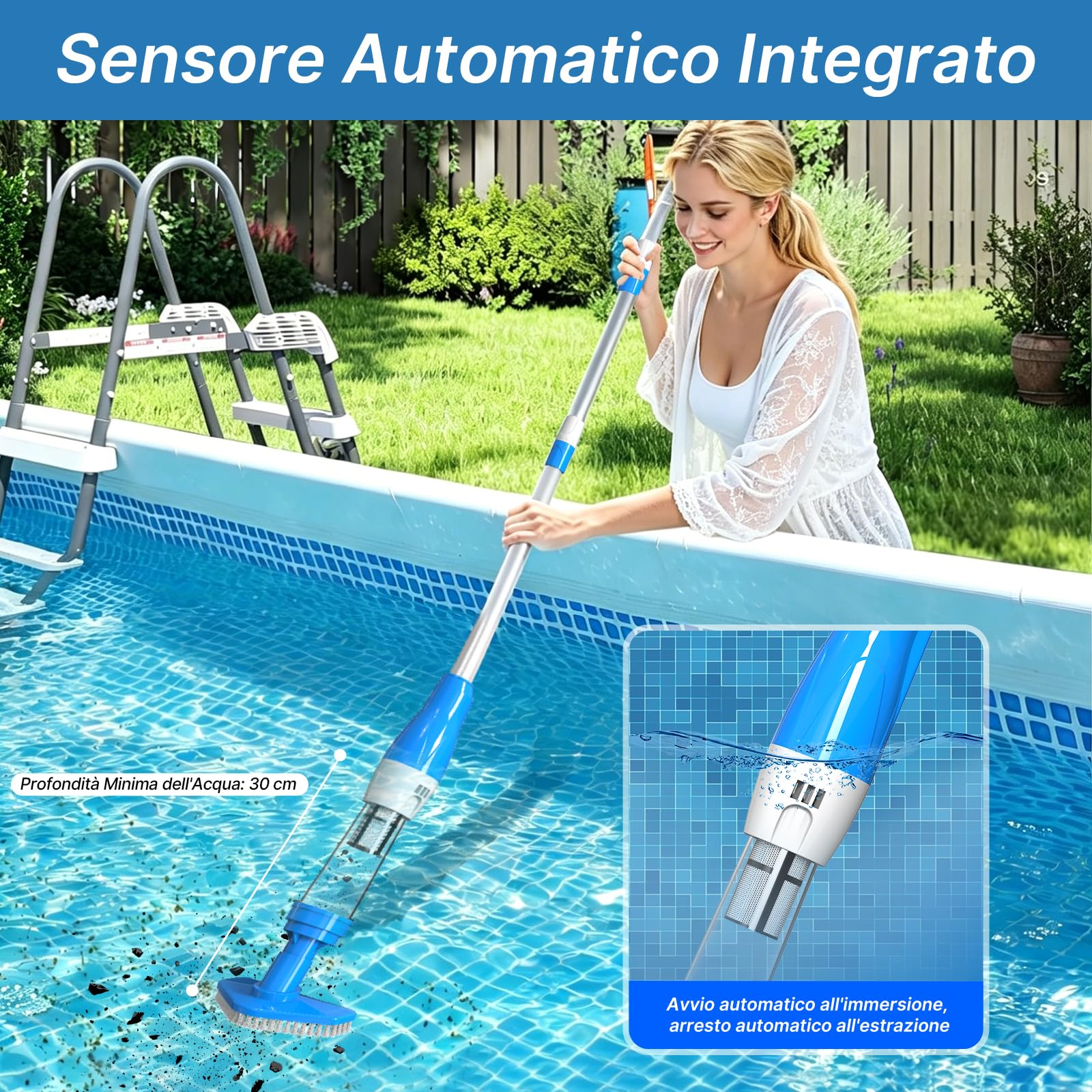 3 en 1 Aspiratore per Piscina con Batteria, Aspiratore a Mano Senza Fili, Aspirapolvere per Piscina per Piccole Piscine, Spa, Vasche Idromassaggio, Blu | Aspirapolvere per piscina, 3 in 1, senza fili, con asta telescopica, blu