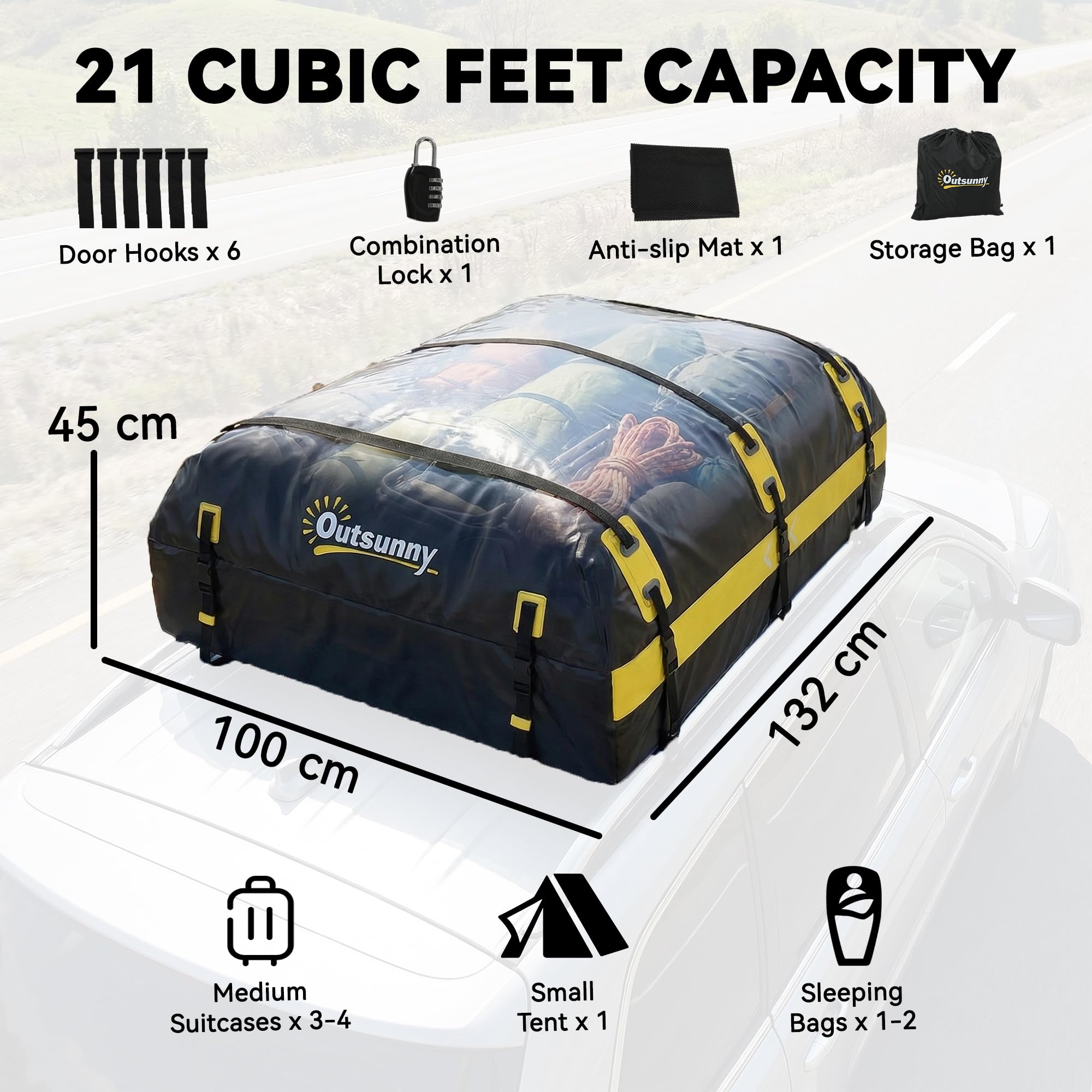 Outsunny Dachgepäcktasche mit Schloss, 21 cu ft, Gelb, mit/ohne Träger | Wasserfest, Reflektierende Pfeile, Weiche Dachbox, Dachgepäckträger, 7 verstärkte Gurte, Anti-Rutsch-Matte, Türhaken