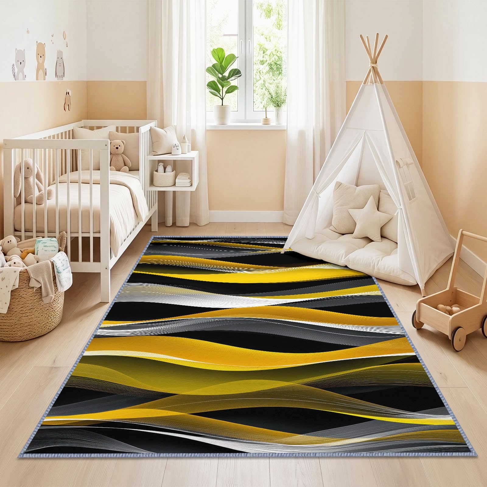 Abstrait Rayures Ondulées Verticales Géométriques Tapis Salon 160 x 230 cm, Lavable en Machine Antidérapant Tapis Abstrait Contemporain pour Chambre Descente de Lit Salle a Manger Bureau