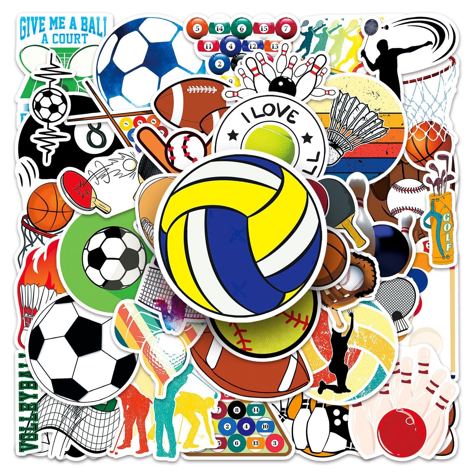 Sports Stickers Ball Game Stickers 50PCS Baseball Volleyball Softball Basketball Stickers Vinyl Waterproof Water Bottles Stickers Gifts for Sports Lovers Party Skateboard Luggage (Ball Games)