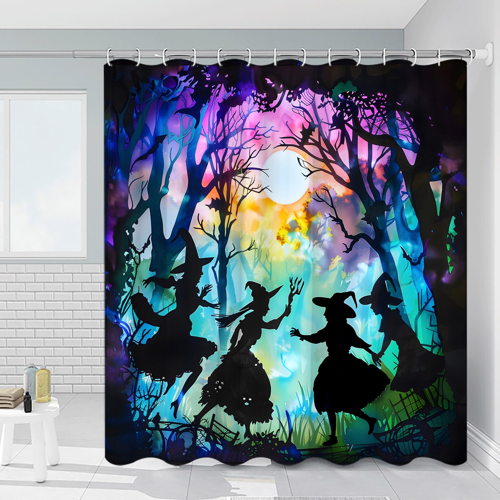 Spooky Halloween Shower Curtain - Black, 70x70 In - Waterproof Polyester With Hooks, Vintage Bathtub Decor
