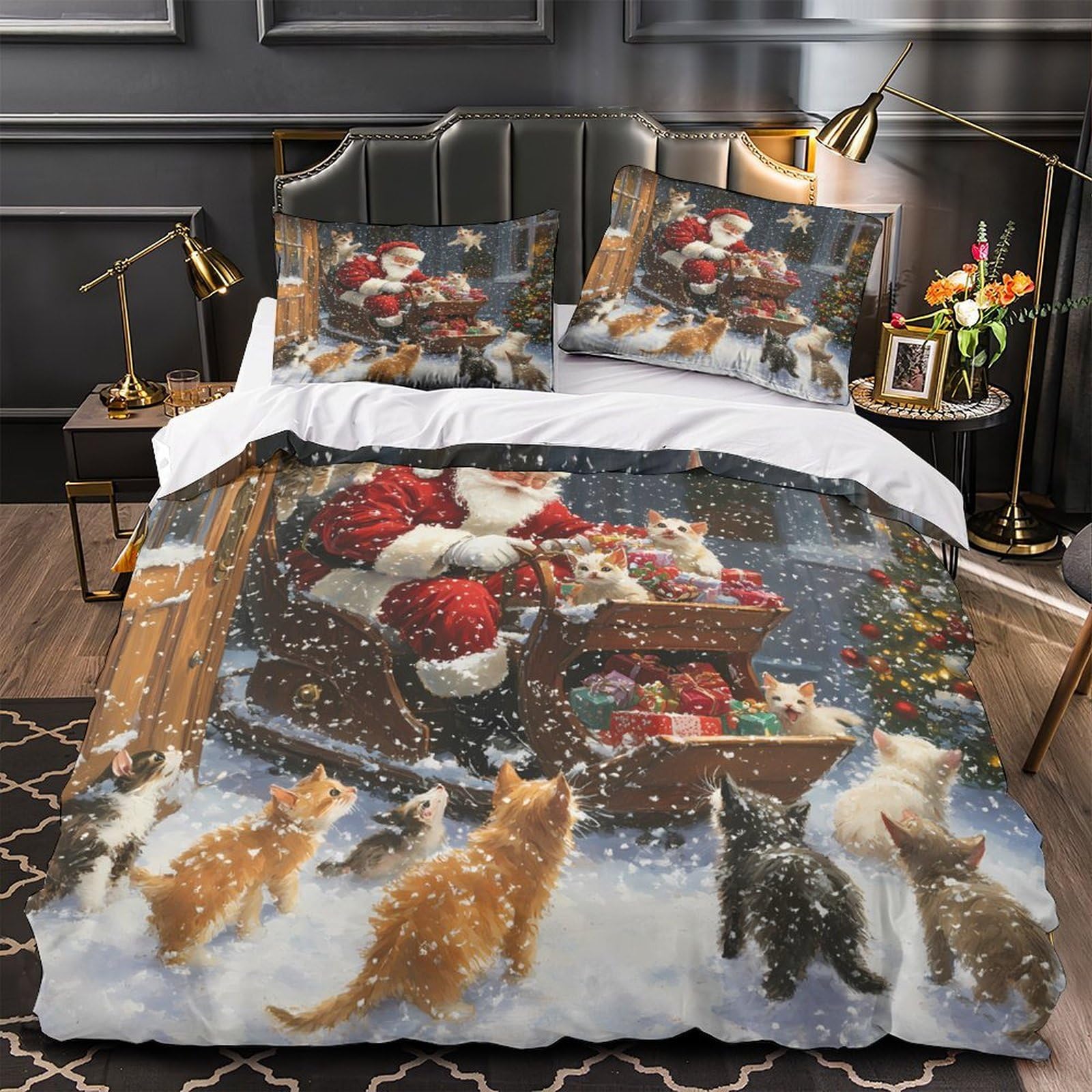 Parure de Lit Père Noël 260x220 Housse de Couette Microfibre Haute Résistance 3D